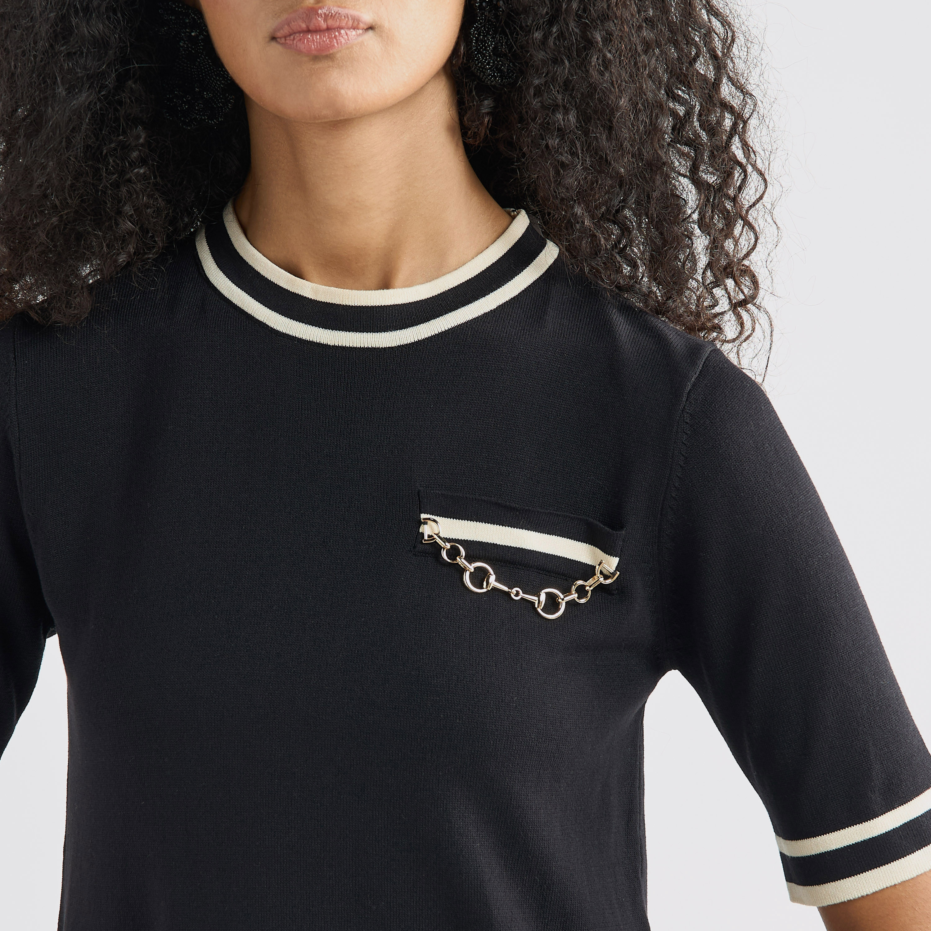 Striped Metallic Chain Accent Shift Dress with Round Neck and Short Sleeves-women-clothing-dresses-image-4