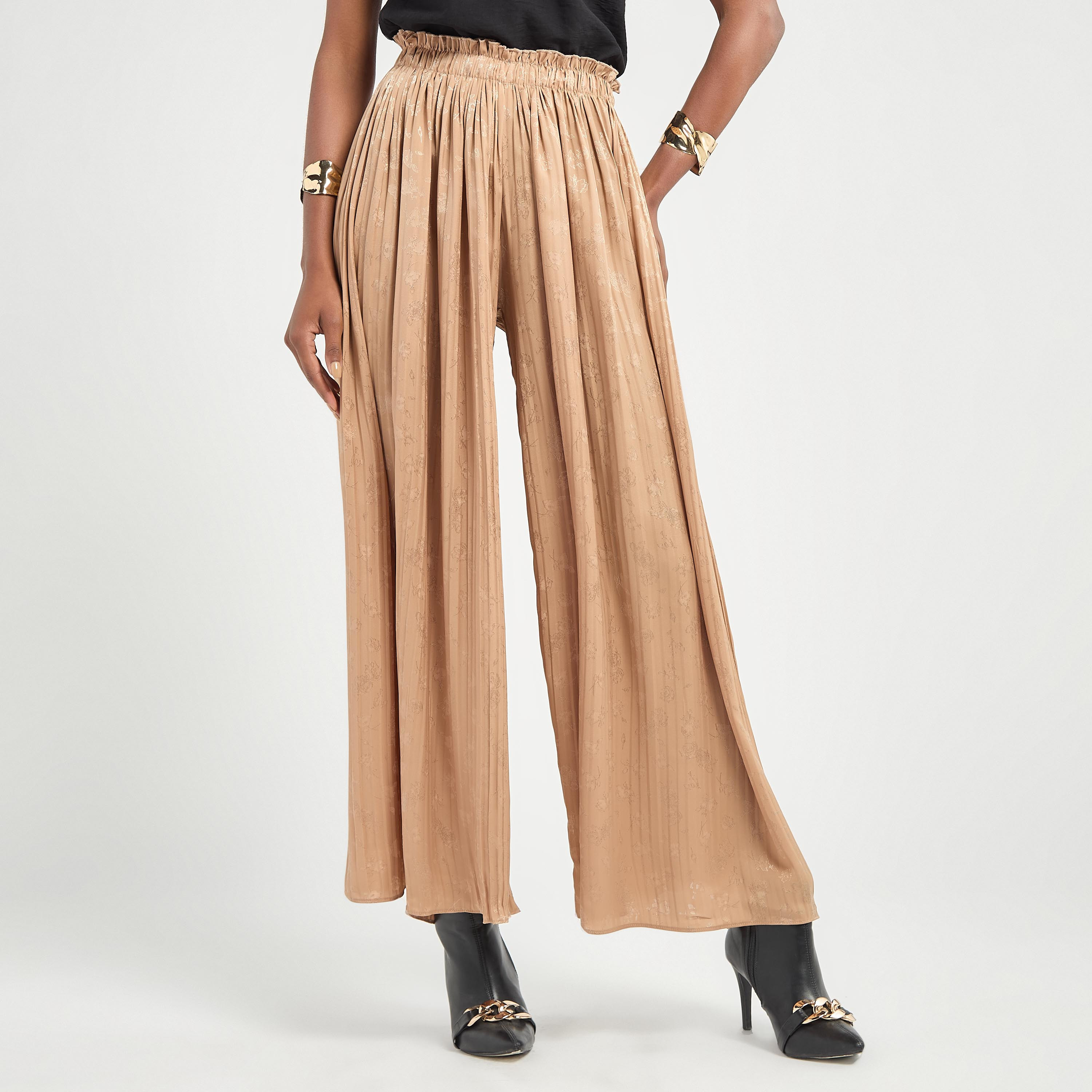 Textured Wide Leg Pants with Elasticated Waistband-women-clothing-trousers-image-1