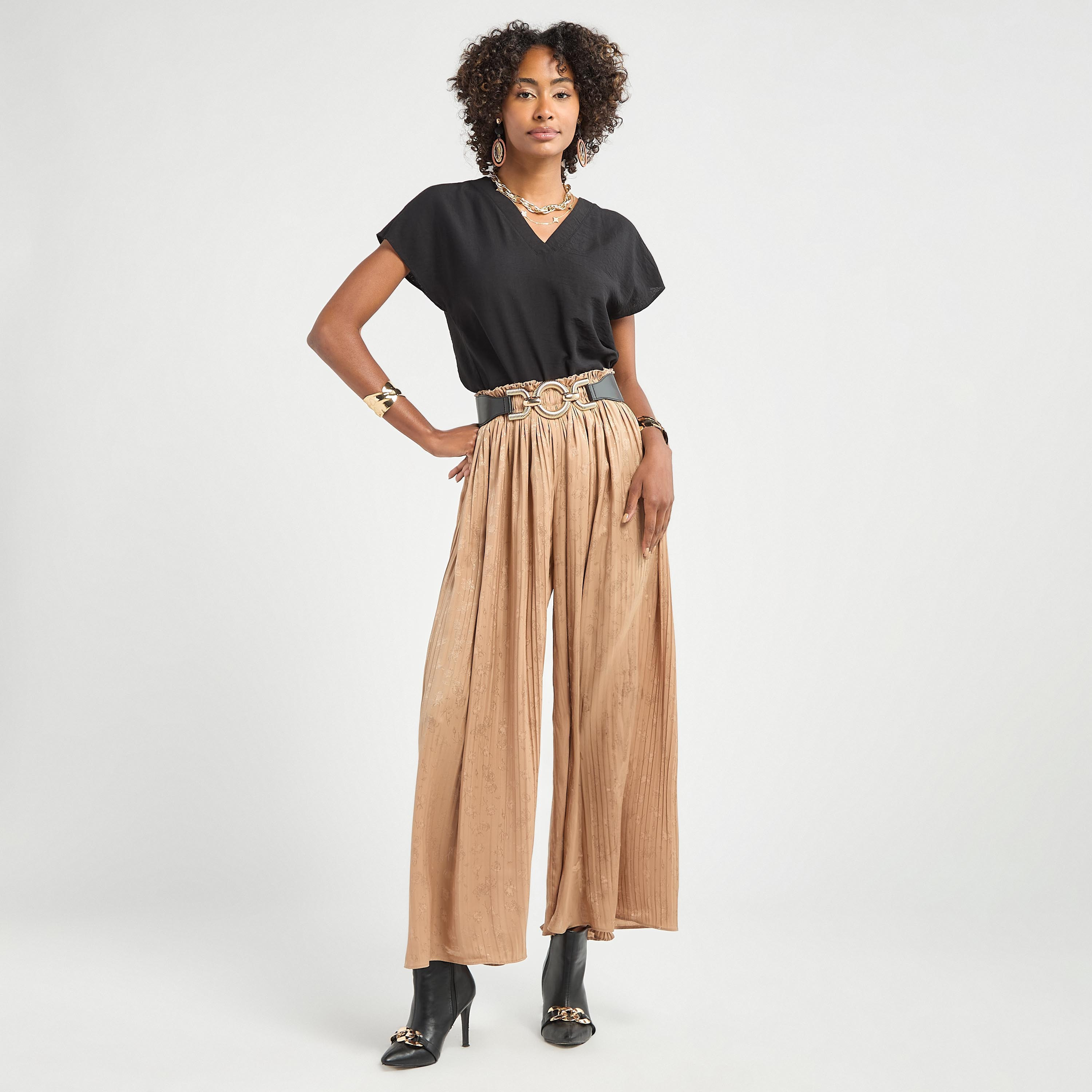 Textured Wide Leg Pants with Elasticated Waistband-women-clothing-trousers-image-2