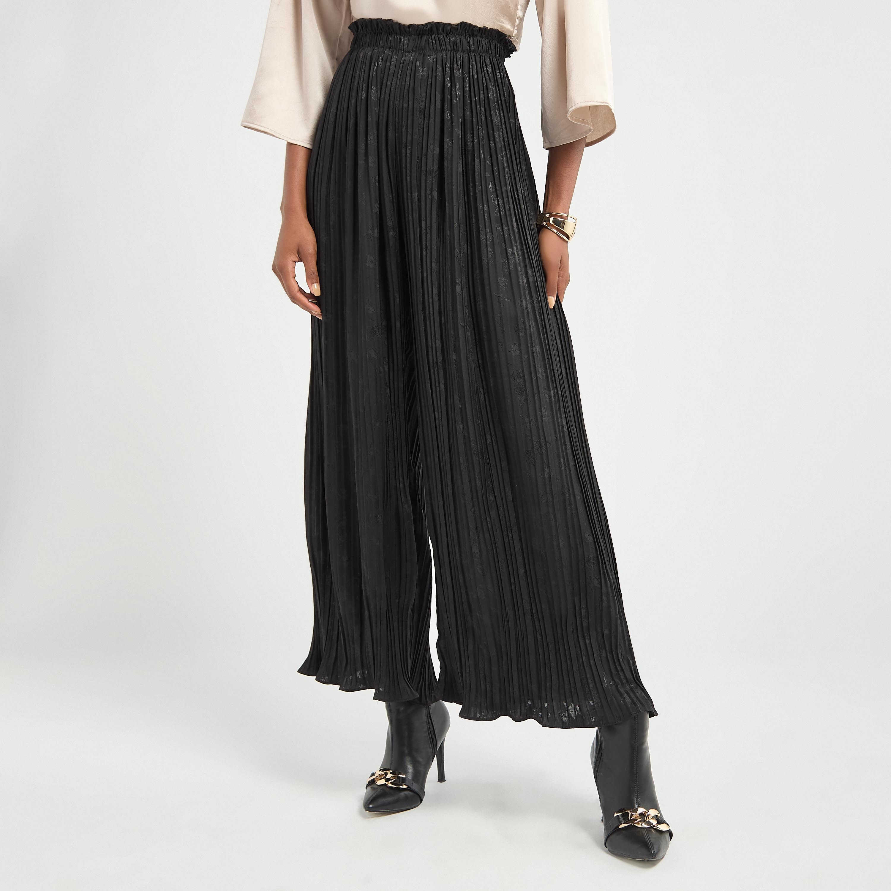 Textured Wide Leg Pants with Elasticated Waistband-women-clothing-trousers-image-5