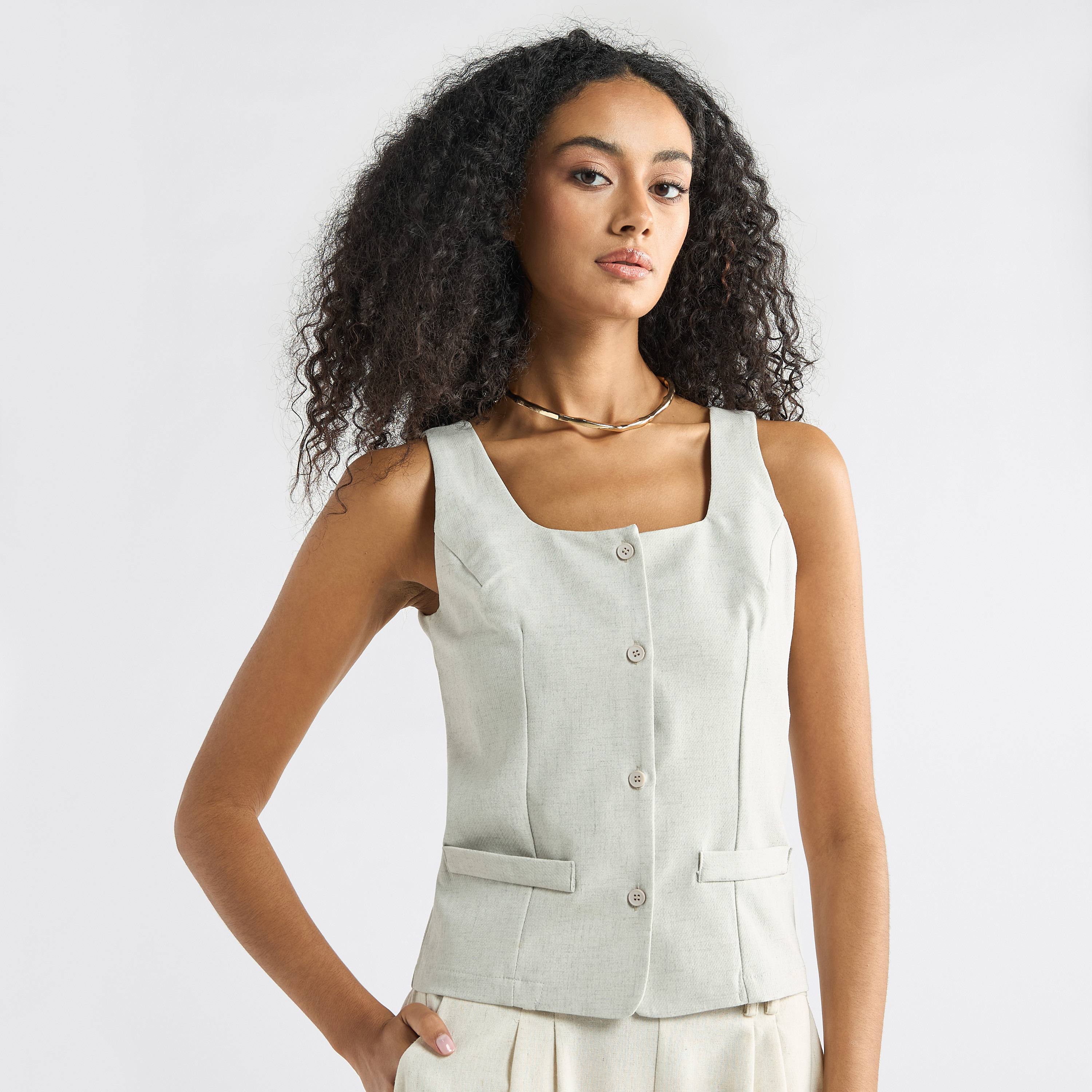 Shop Sleeveless Wrap Jacket with Square Neck and Button Closure Online ...