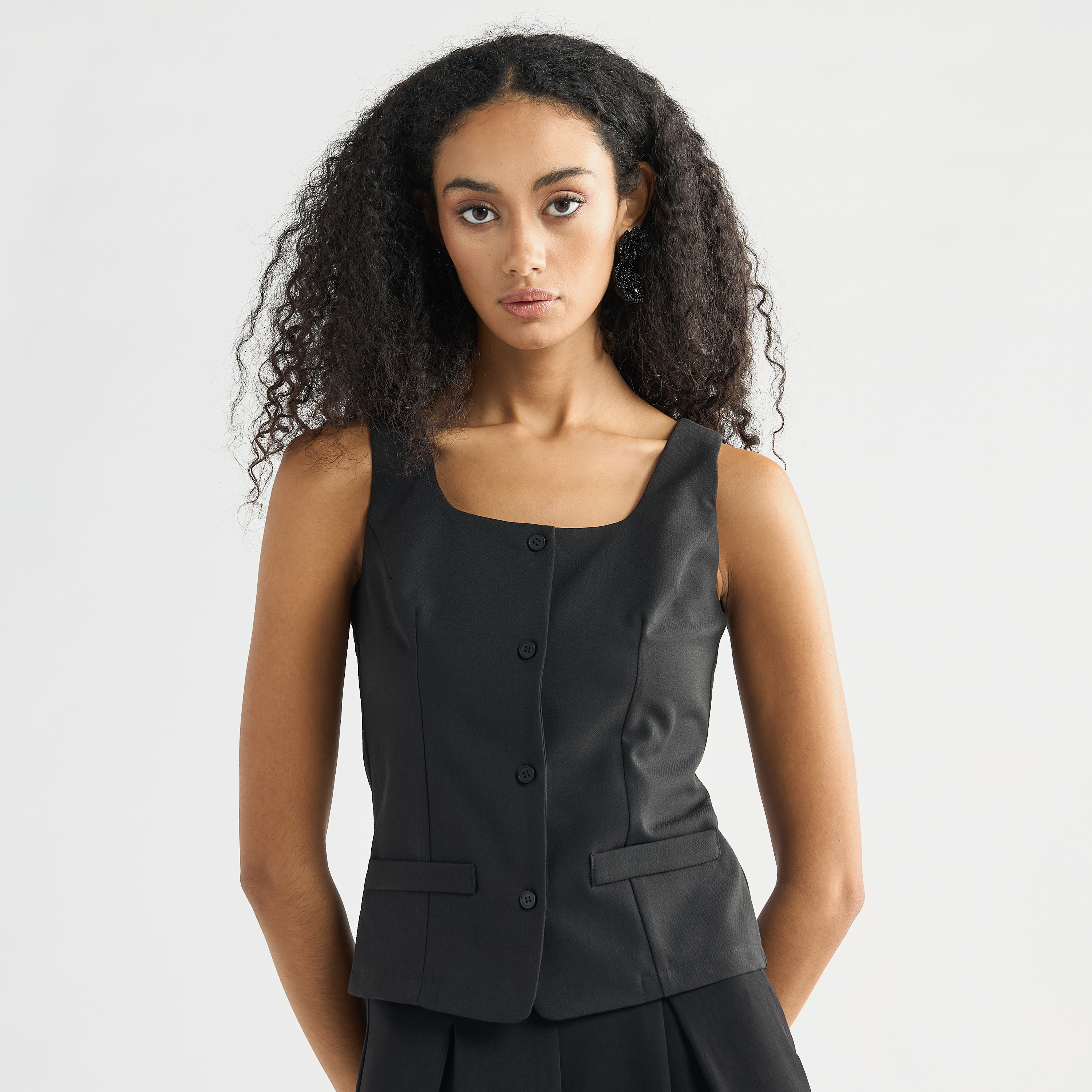 Buy Sleeveless Wrap Jacket with Square Neck and Button Closure Online ...
