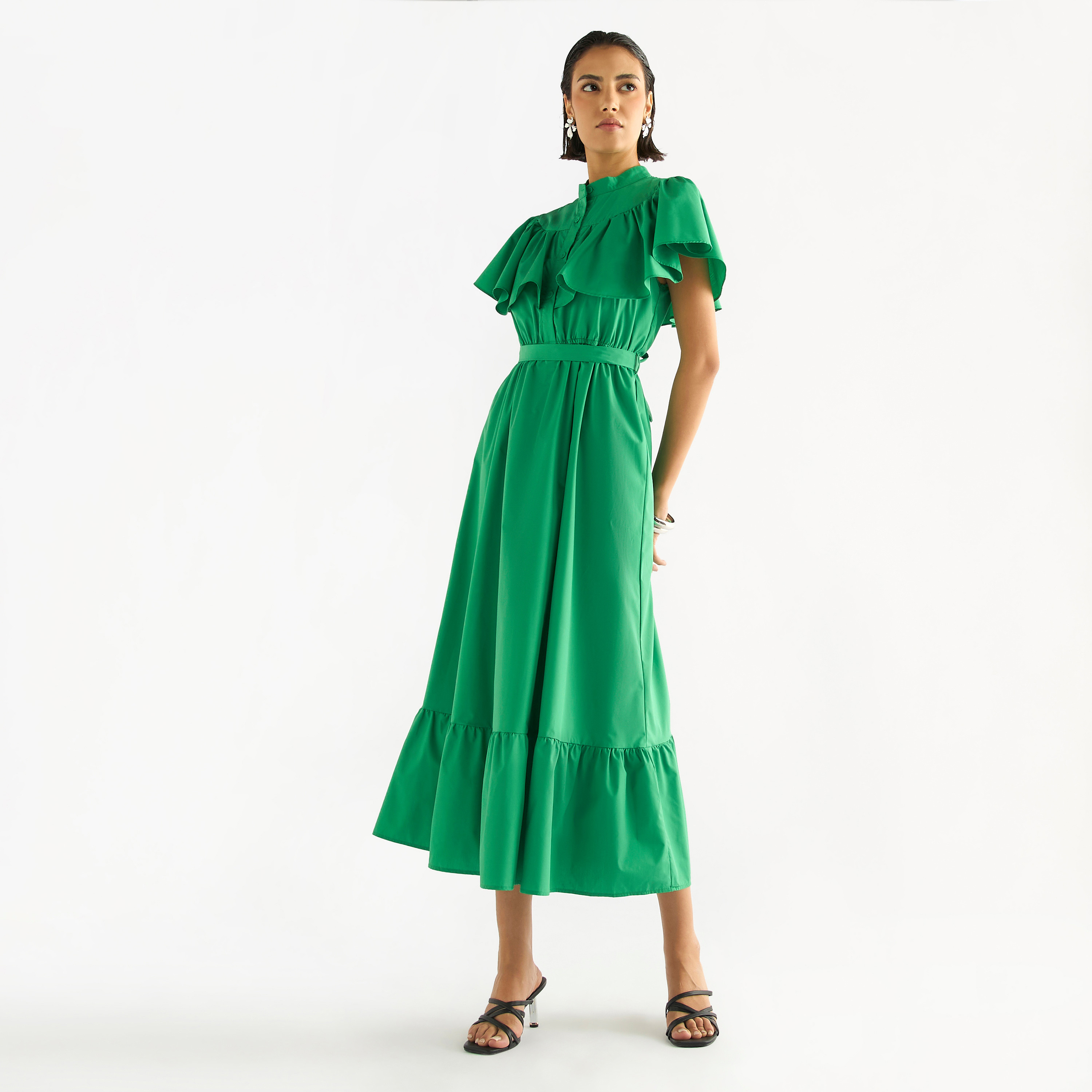 100% Ramie Bubble Hem Women Sleeveless Maxi Dress With Tie String Belt