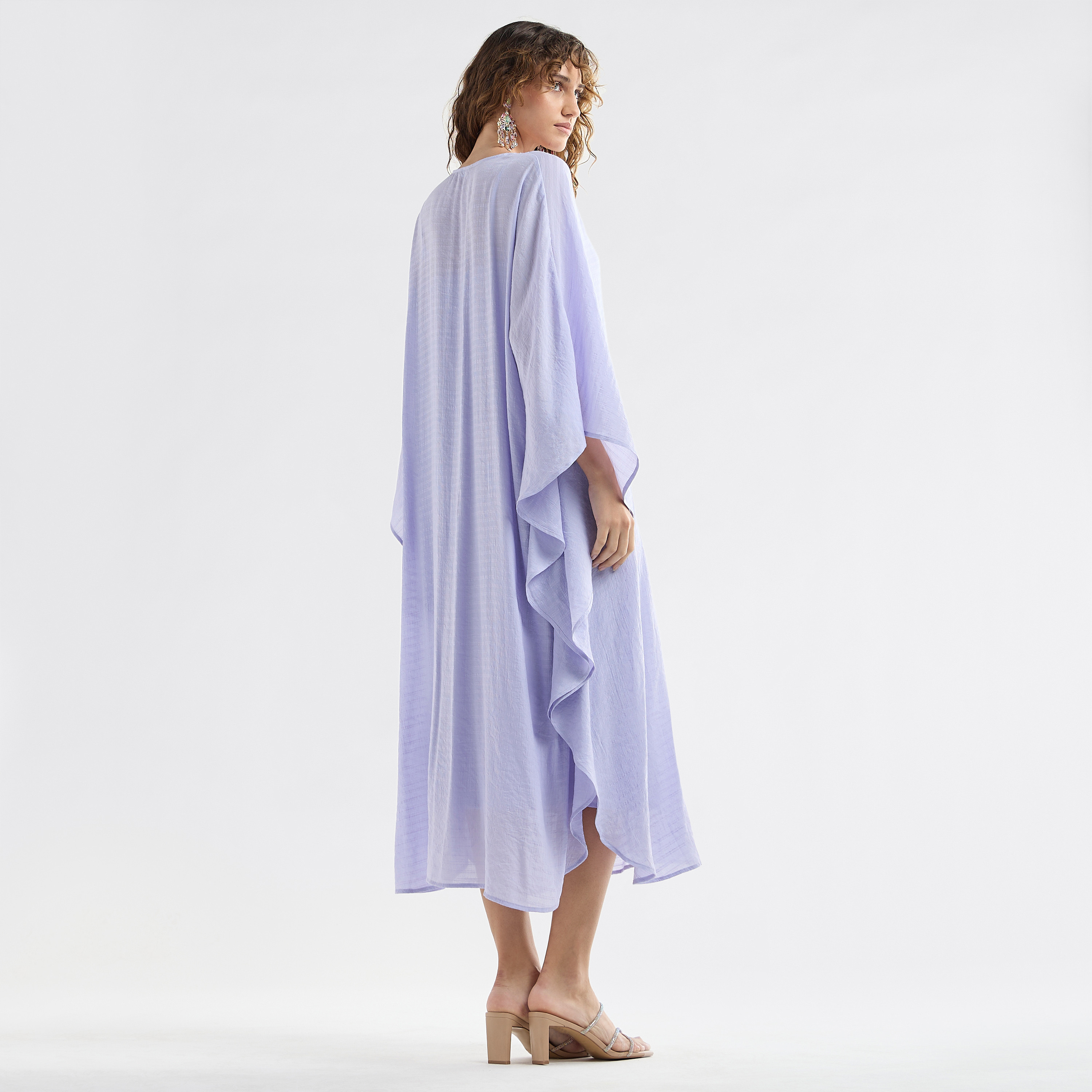 Shop Solid Midi Kaftan Dress with Long Sleeves and Lace