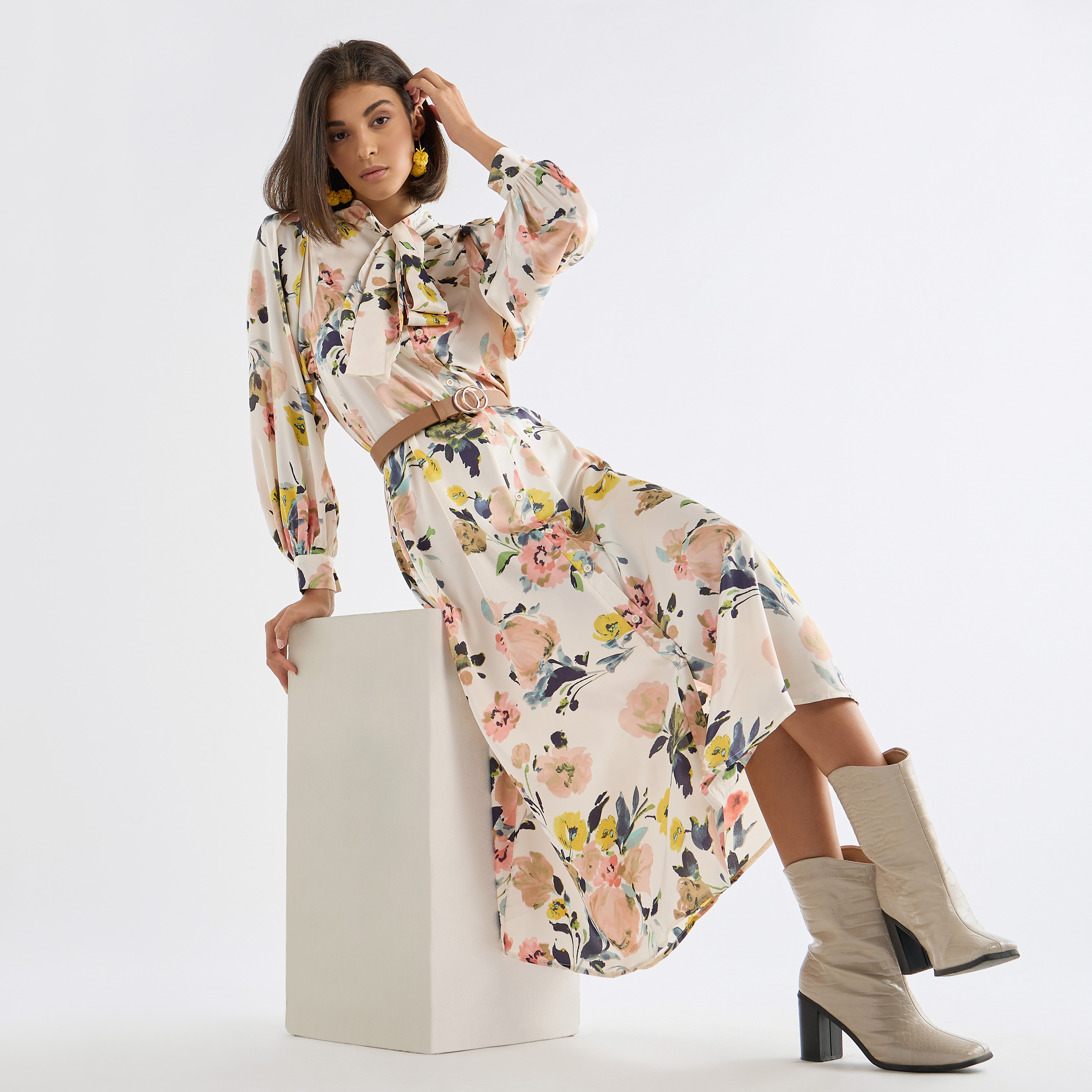 Floral Print Dress with Pussy Bow Neck and Volume Sleeves-women-clothing-dresses-image-1