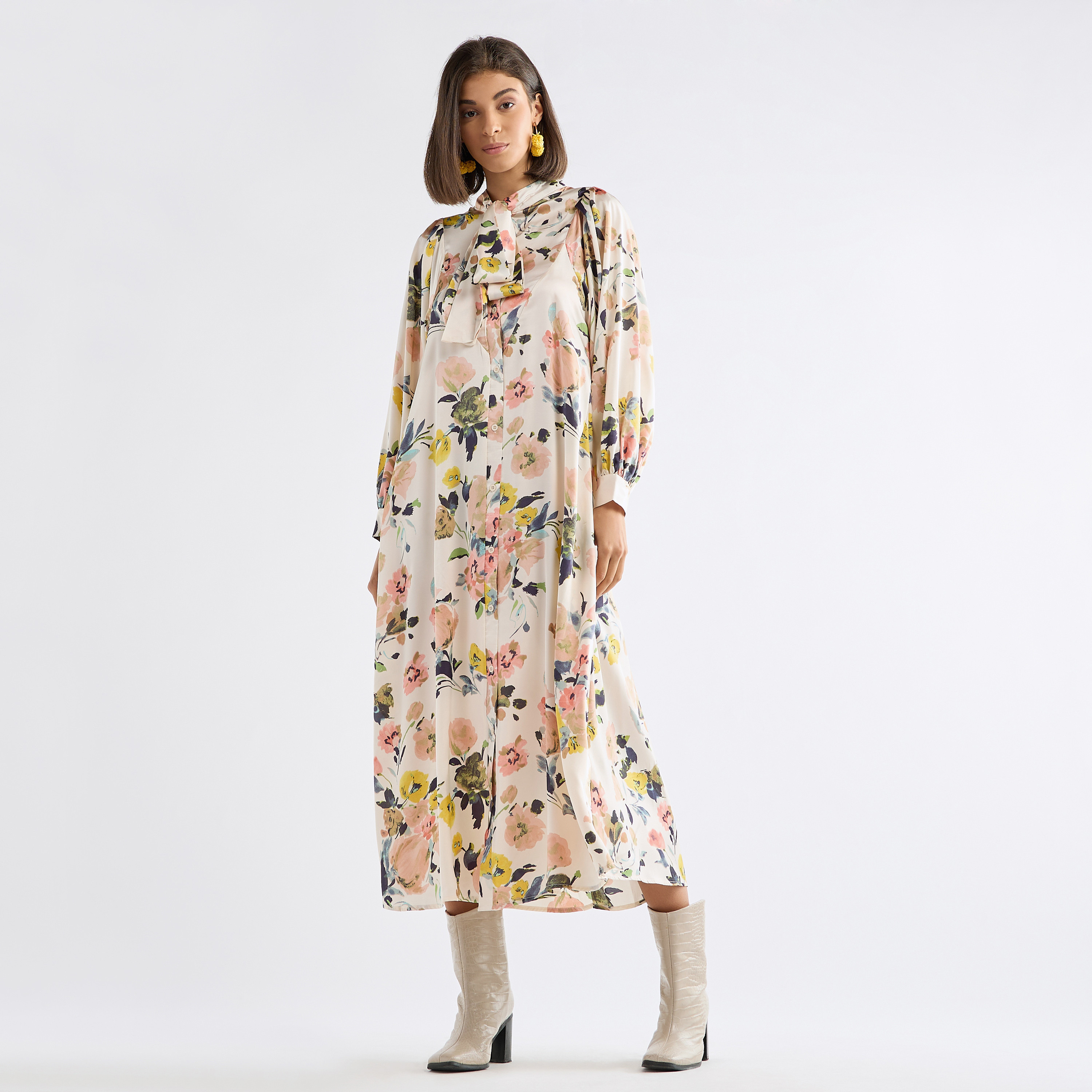 Floral Print Dress with Pussy Bow Neck and Volume Sleeves-women-clothing-dresses-image-2
