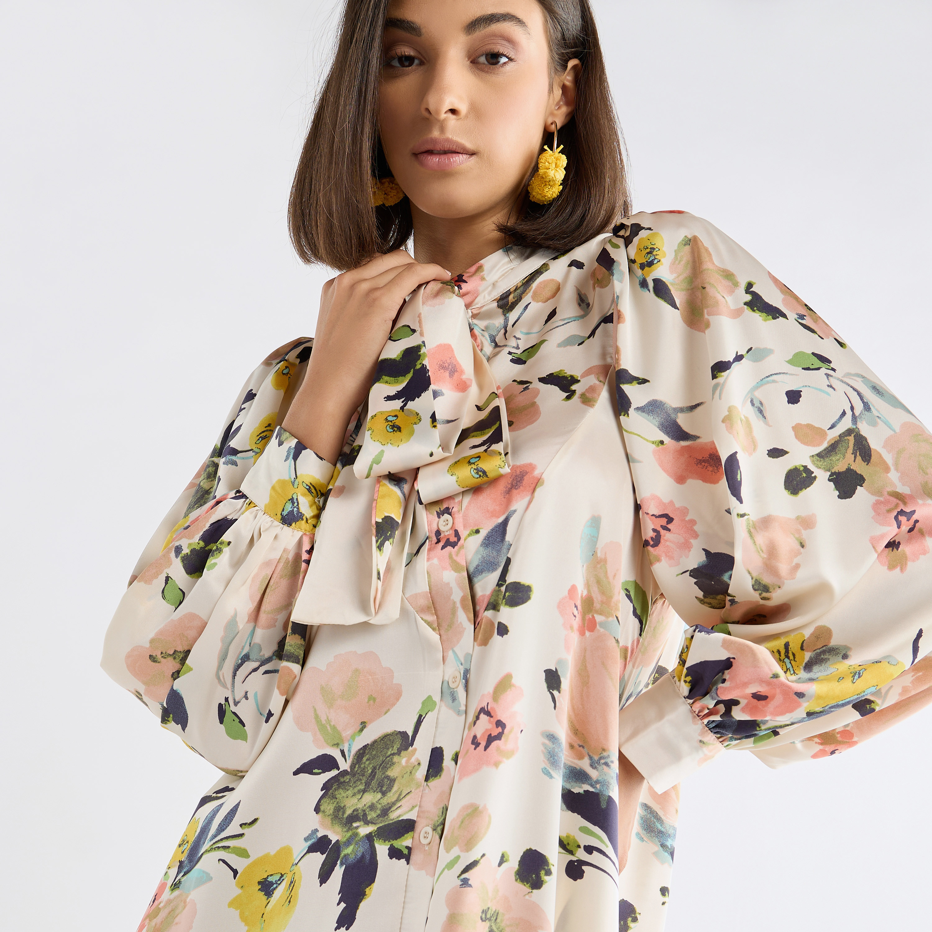Floral Print Dress with Pussy Bow Neck and Volume Sleeves-women-clothing-dresses-image-3