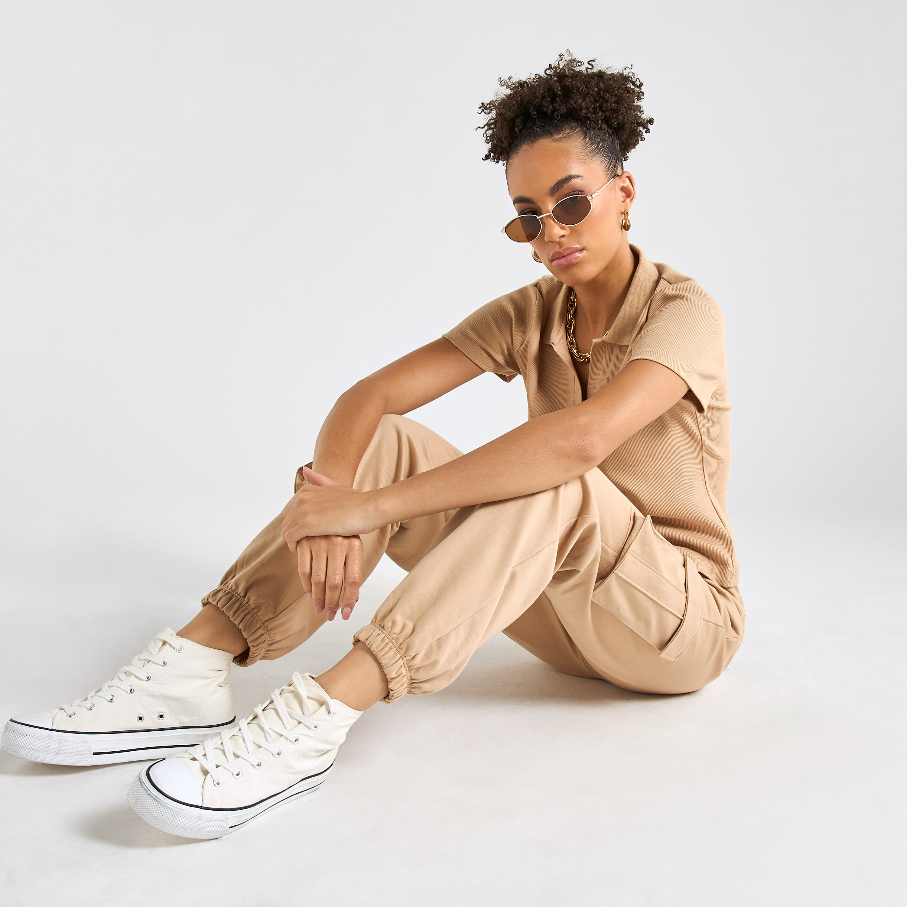 Textured Polo T-shirt and Cargo Joggers Set-women-clothing-coordsets-image-1