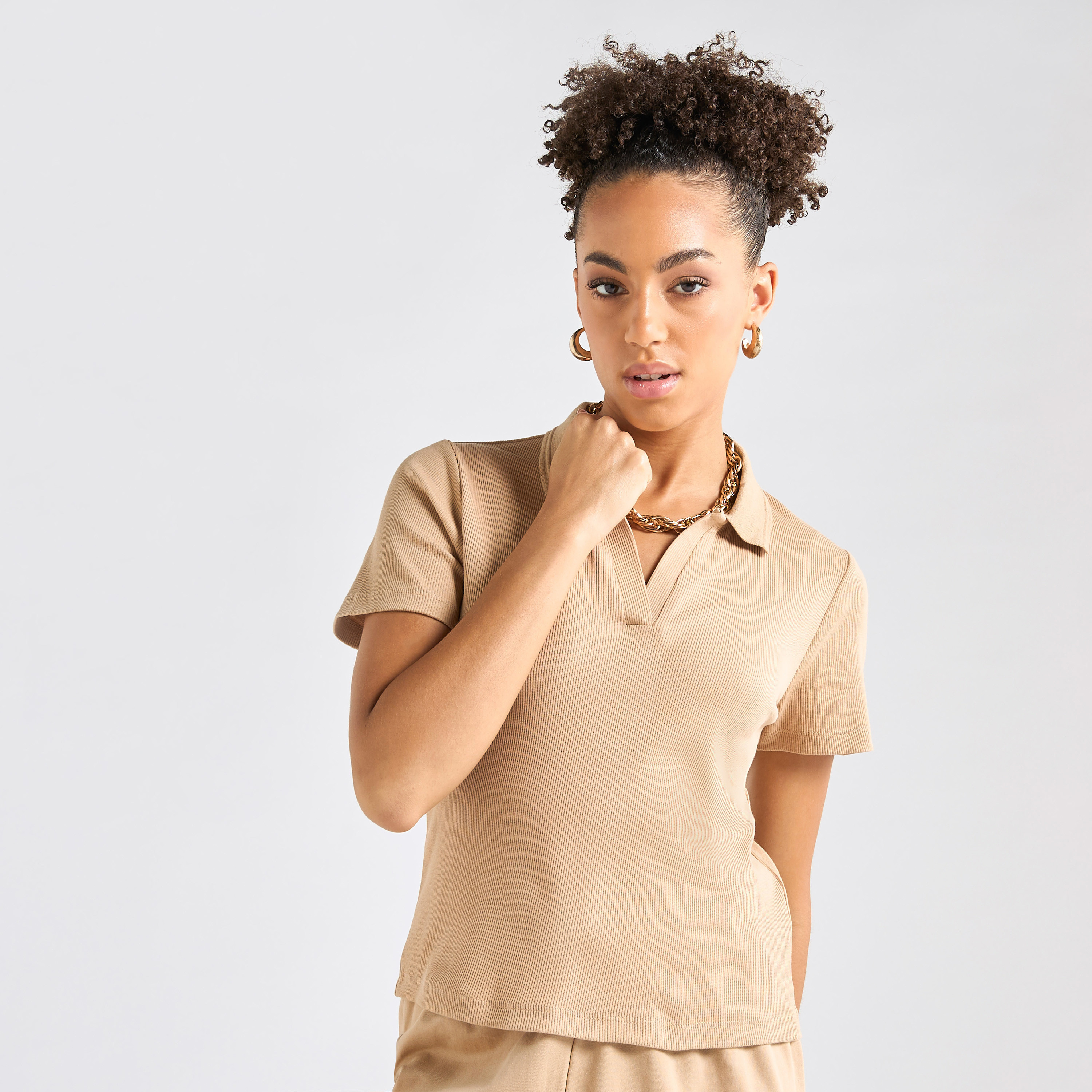 Textured Polo T-shirt and Cargo Joggers Set-women-clothing-coordsets-image-2