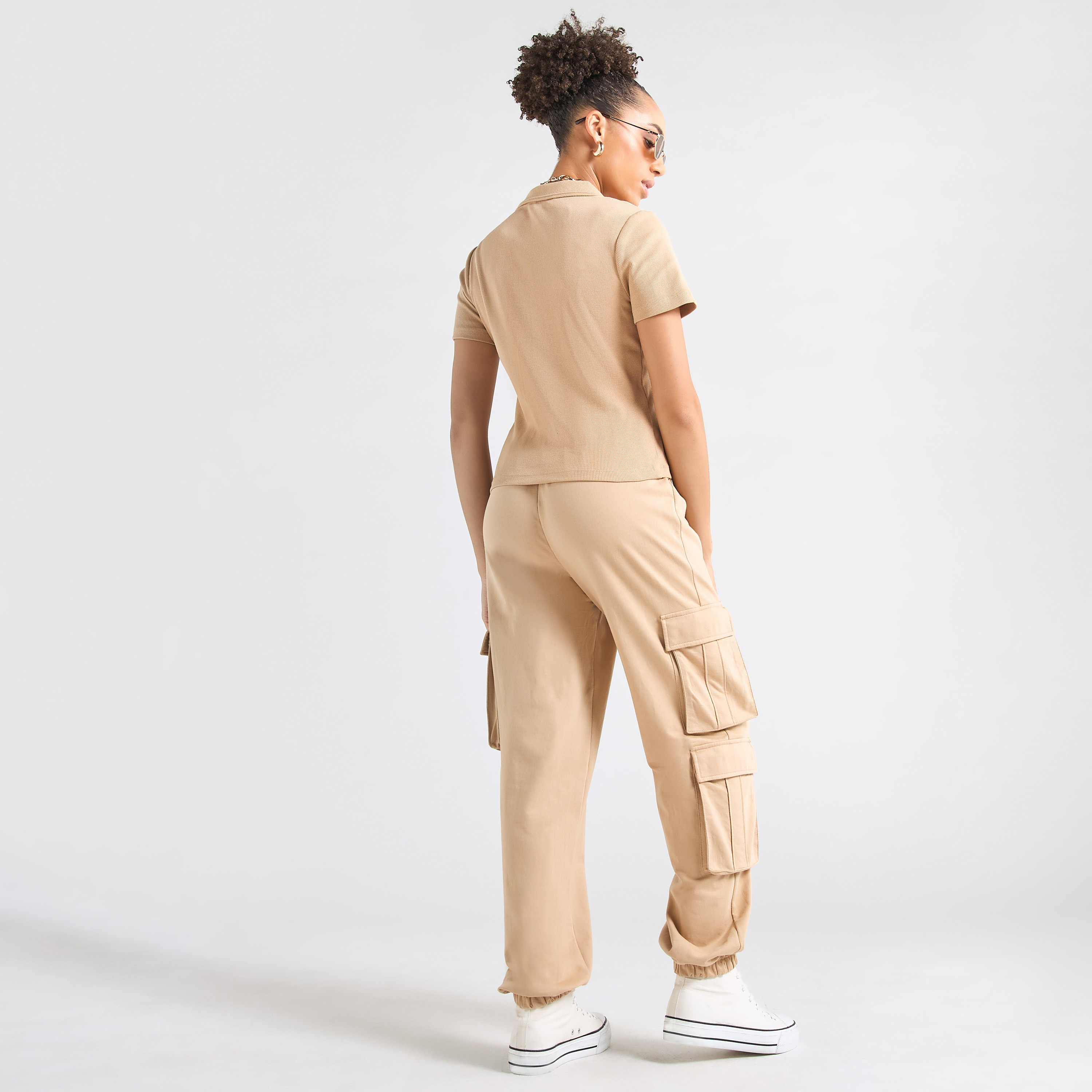 Textured Polo T-shirt and Cargo Joggers Set-women-clothing-coordsets-image-3