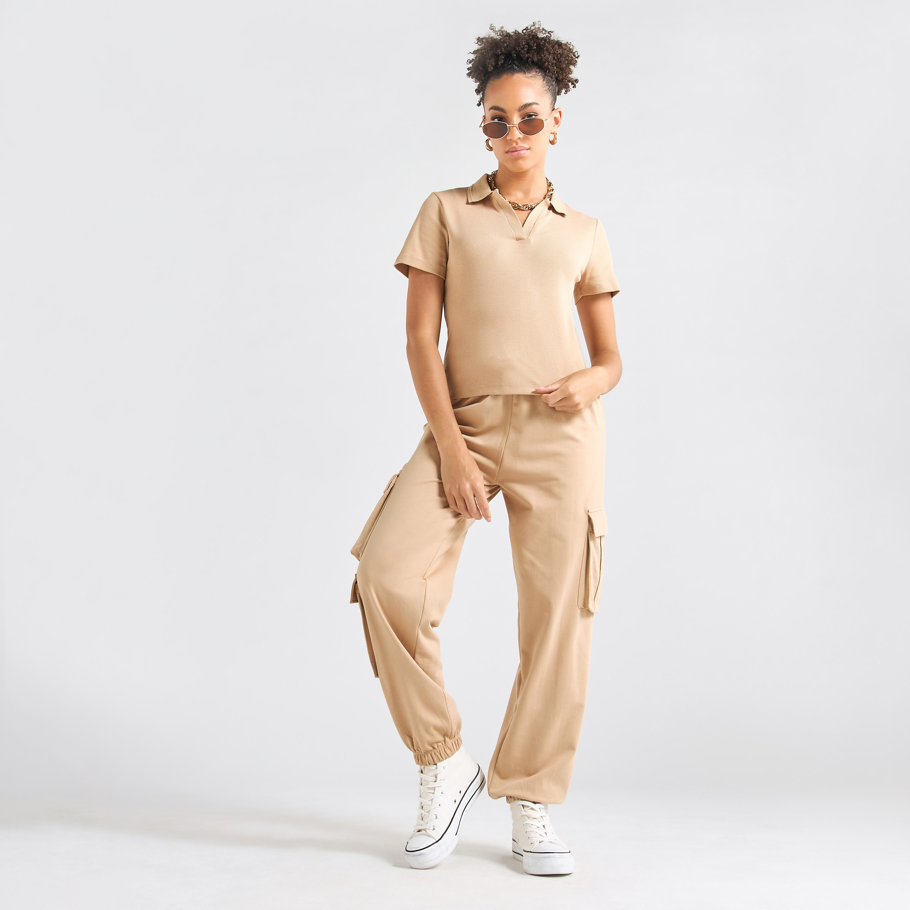 Textured Polo T-shirt and Cargo Joggers Set-women-clothing-coordsets-image-6