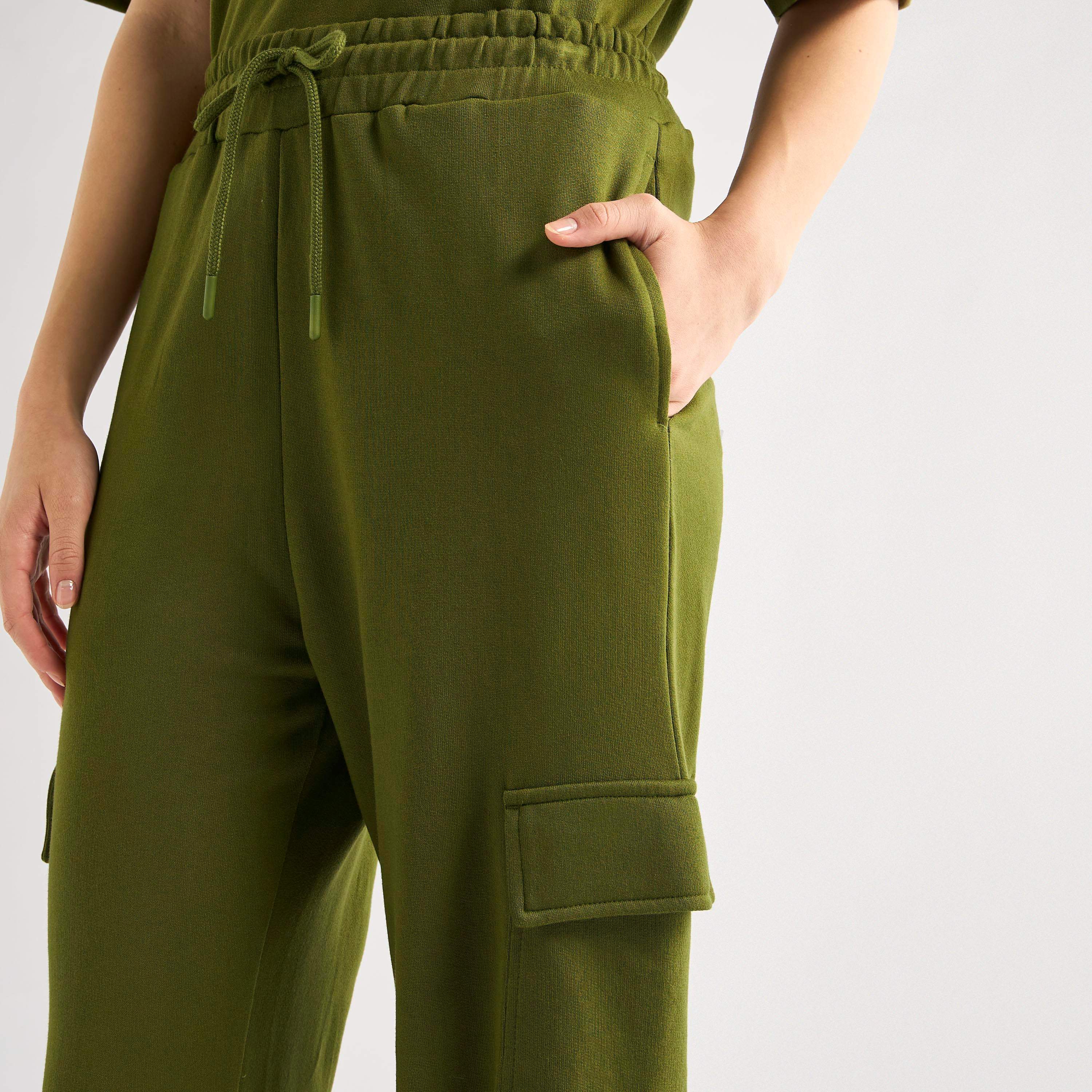 Crew Neck Pocket Detail T-shirt and Cargo Pants Set-women-clothing-coordsets-image-5
