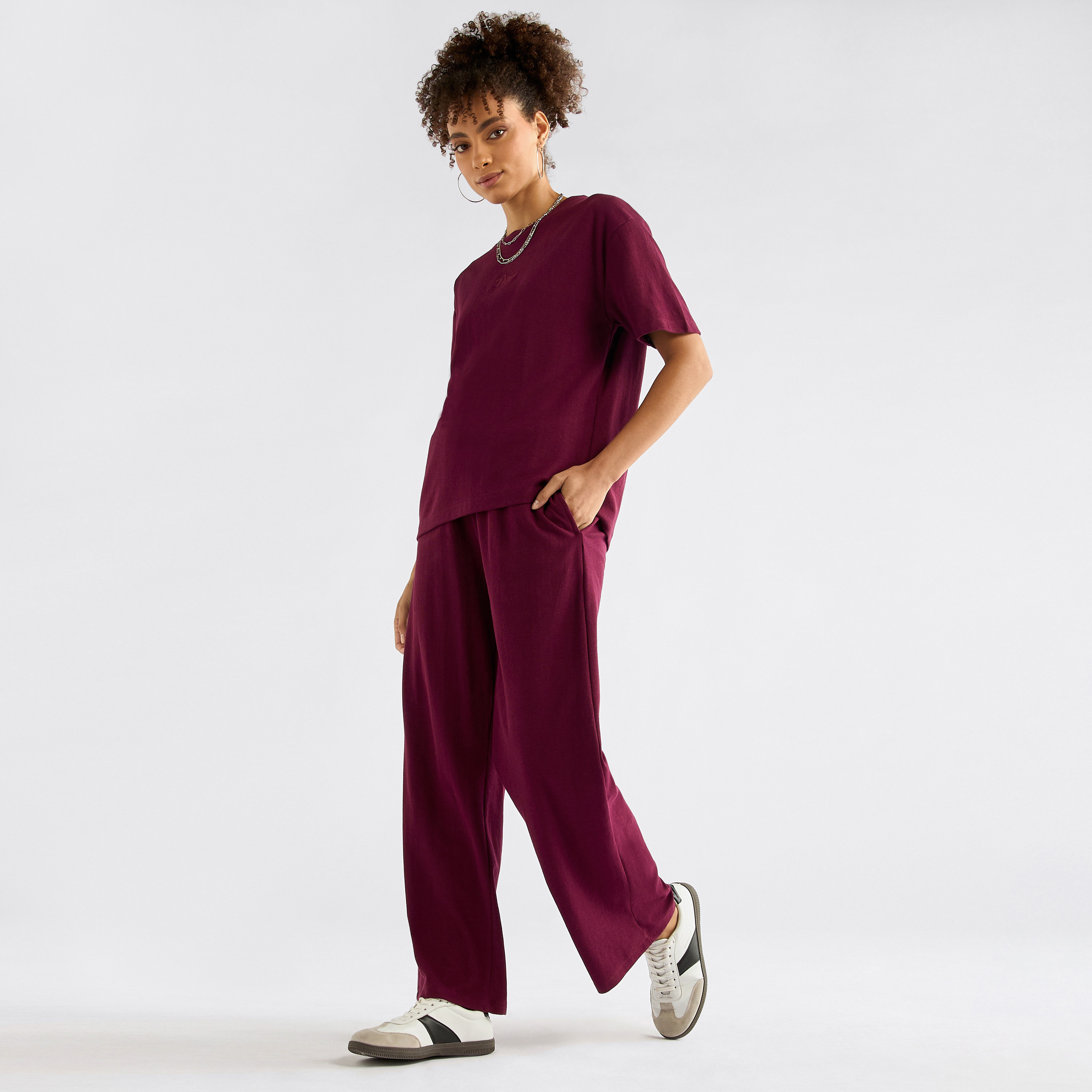 Embroidered Crew Neck T-shirt and Pants Set-women-clothing-coordsets-image-1