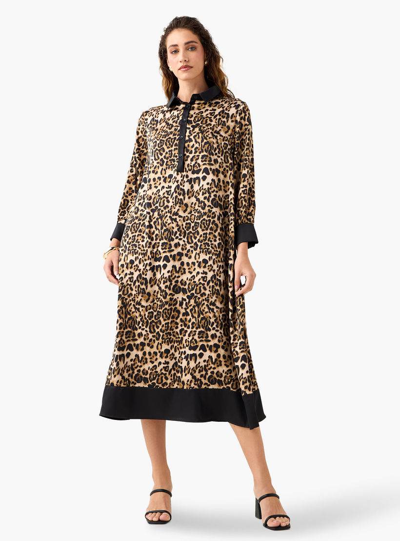Shop Animal Print Midi Shirt Dress with Long Sleeves Online