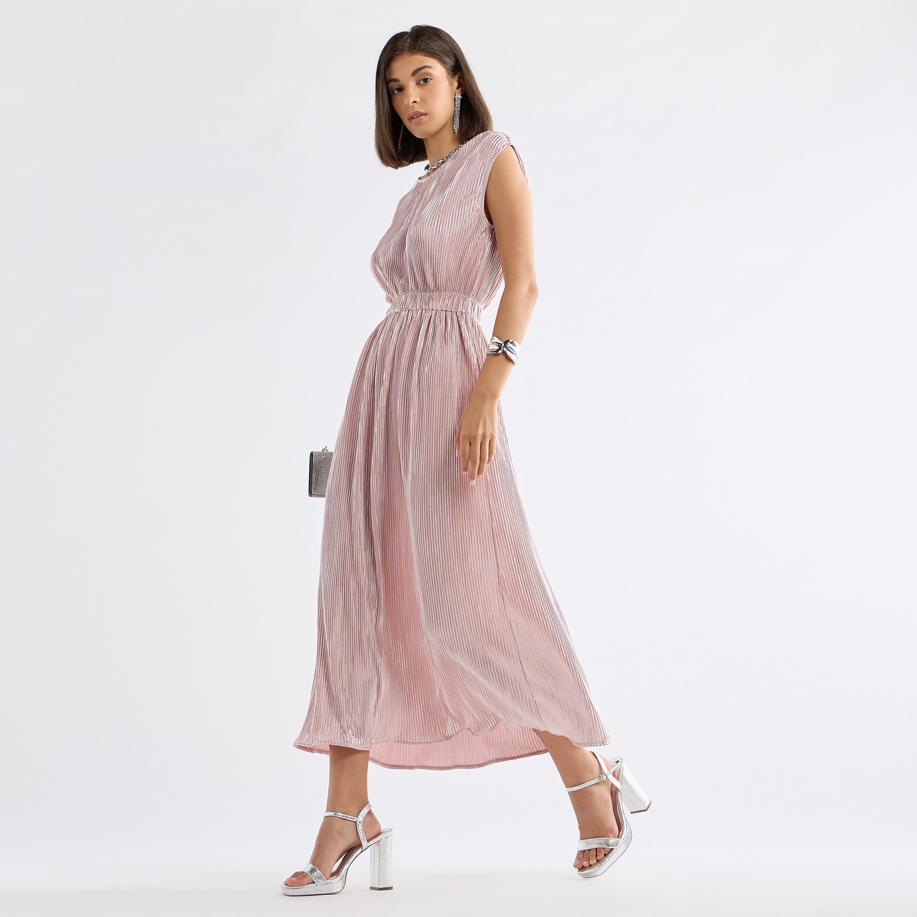 Shop All-Over Pleated Sleeveless Dress with Round Neck Shop All-Over Pleated Sleeveless Dress with Round Neck