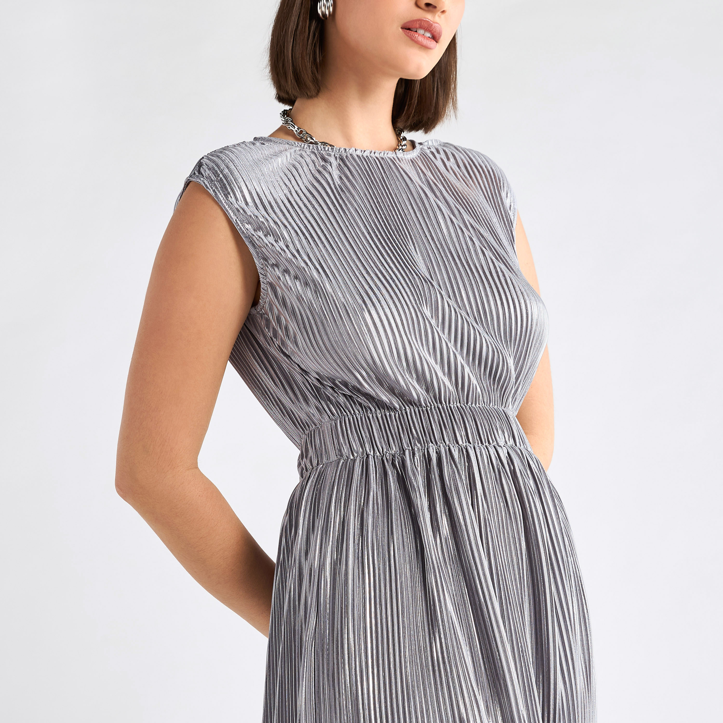 Shop All-Over Pleated Sleeveless Dress with Round Neck