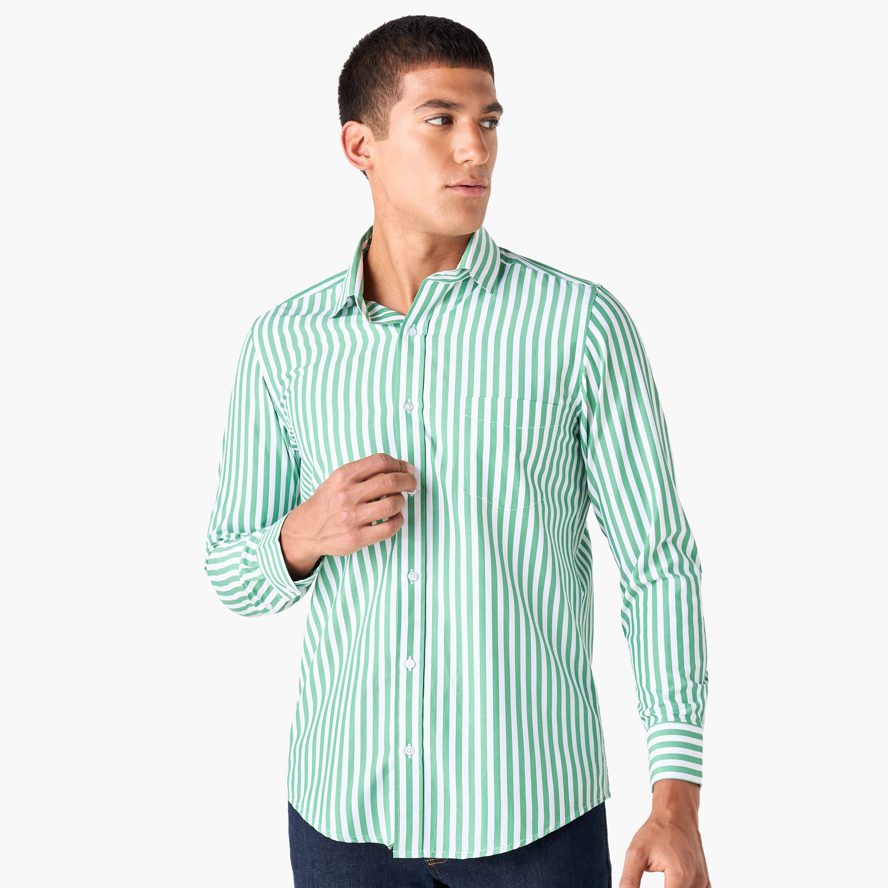 Regular Fit Striped Shirt with Collar and Long Sleeves-men-clothing-shirts-image-1