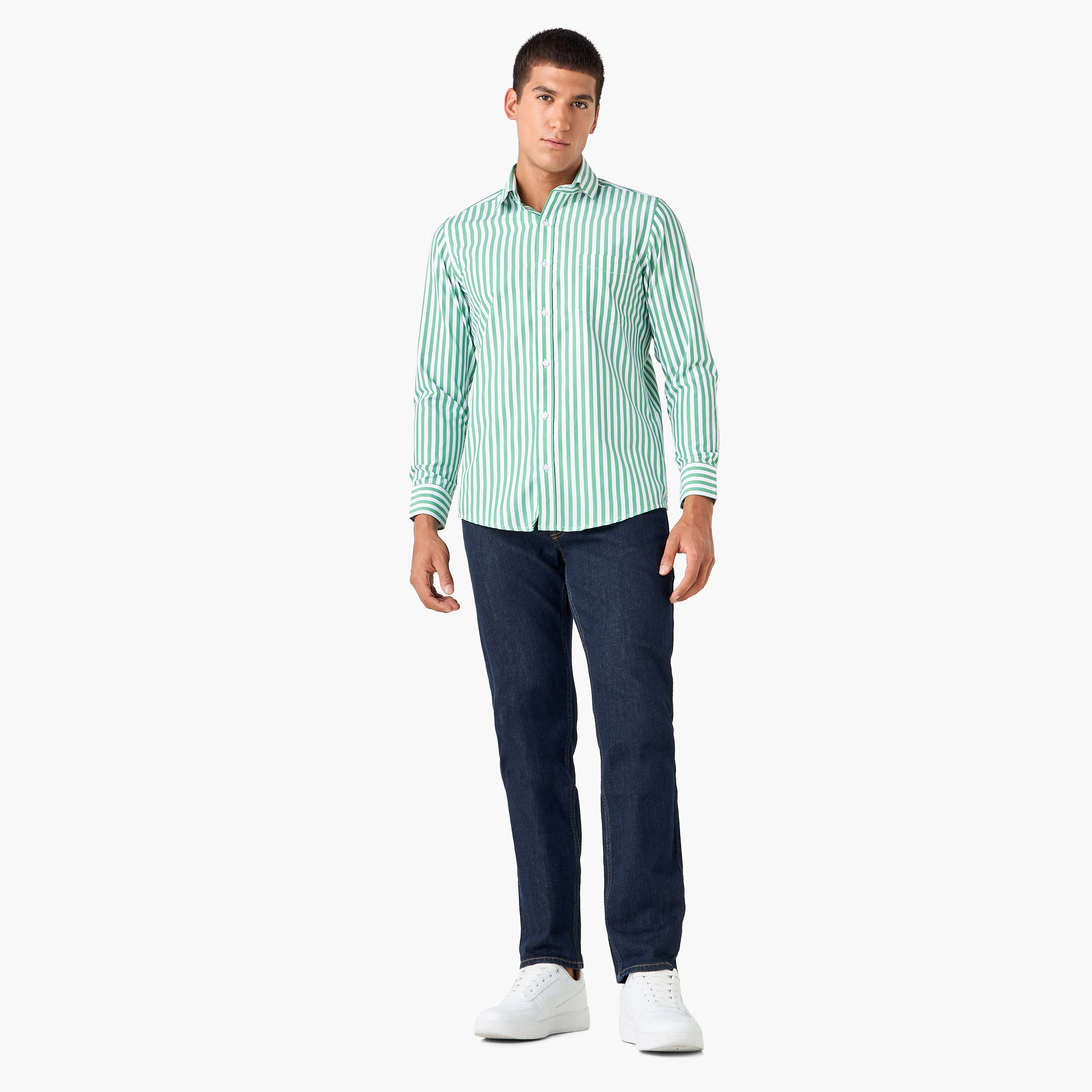 Regular Fit Striped Shirt with Collar and Long Sleeves-men-clothing-shirts-image-2