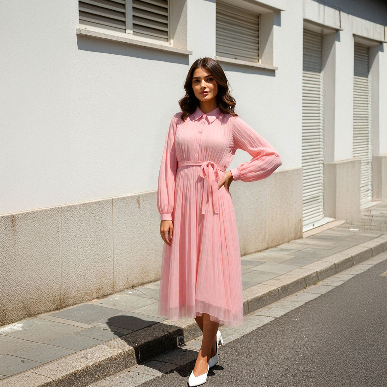 Pleated Midi Dress with Collar and Tie-Up Belt-women-clothing-dresses-image-1