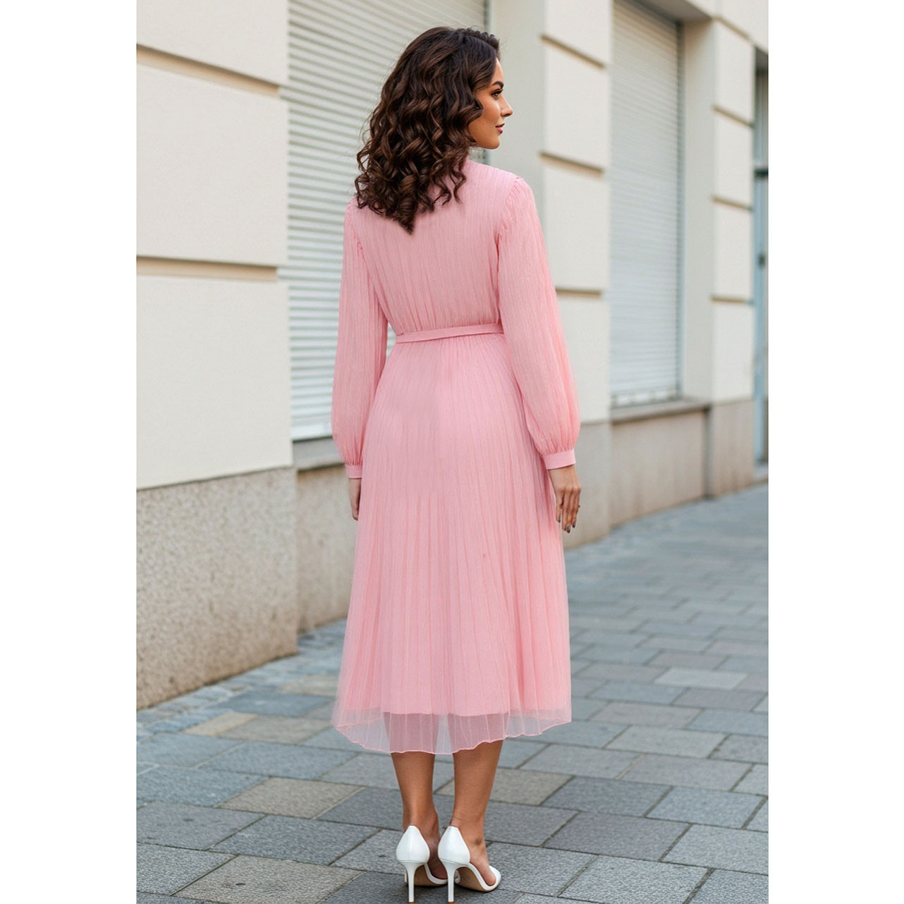 Pleated Midi Dress with Collar and Tie-Up Belt-women-clothing-dresses-image-3