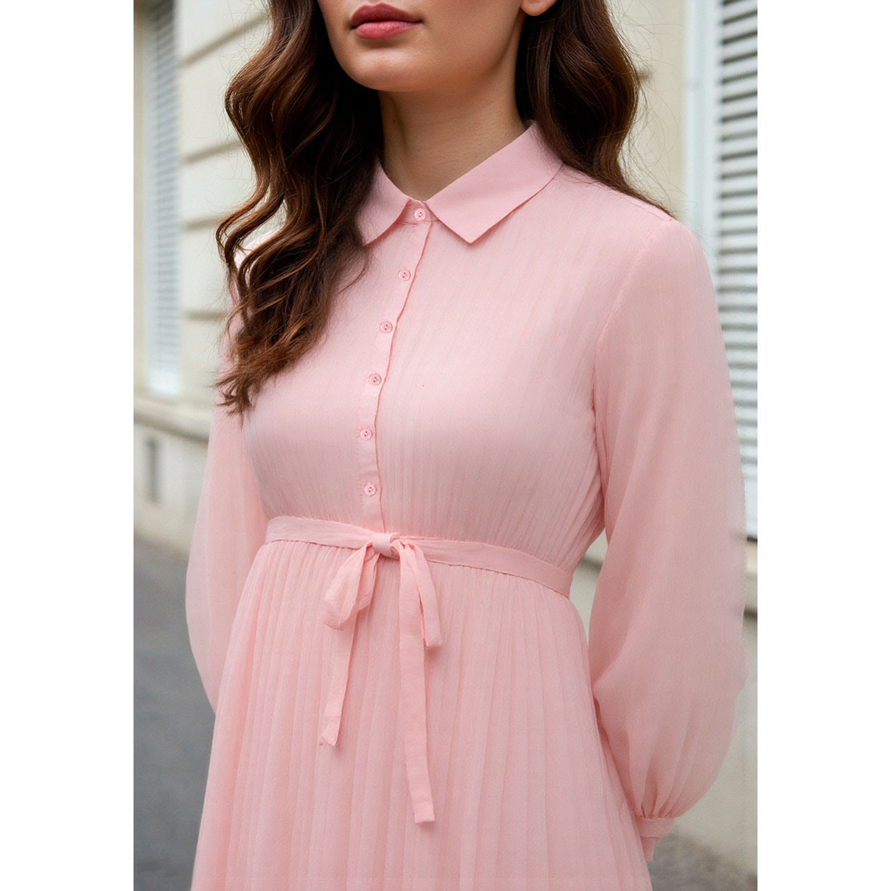 Pleated Midi Dress with Collar and Tie-Up Belt-women-clothing-dresses-image-4
