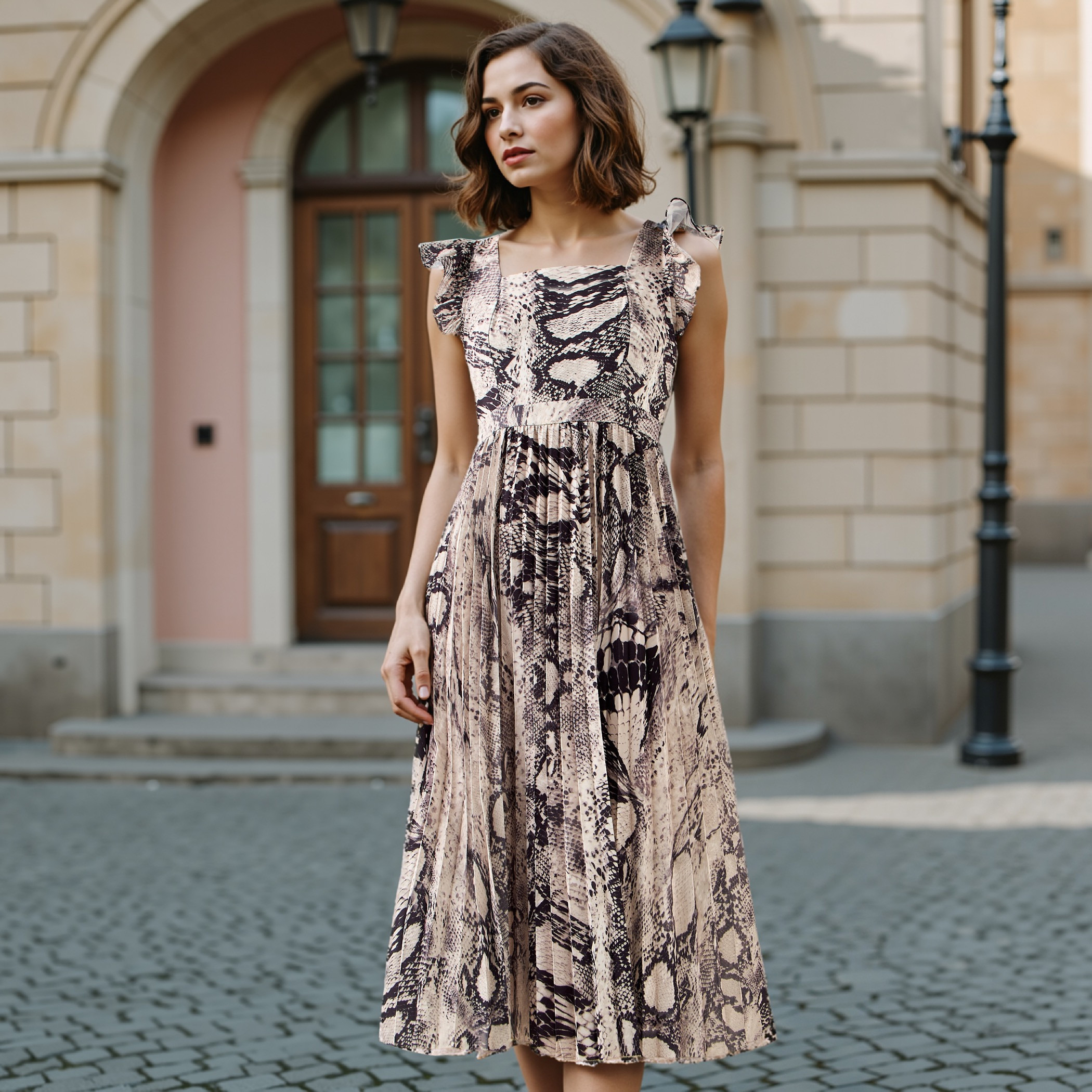 Shop Pleated Midi Dress with Ruffle Sleeves Online | Centrepoint KSA