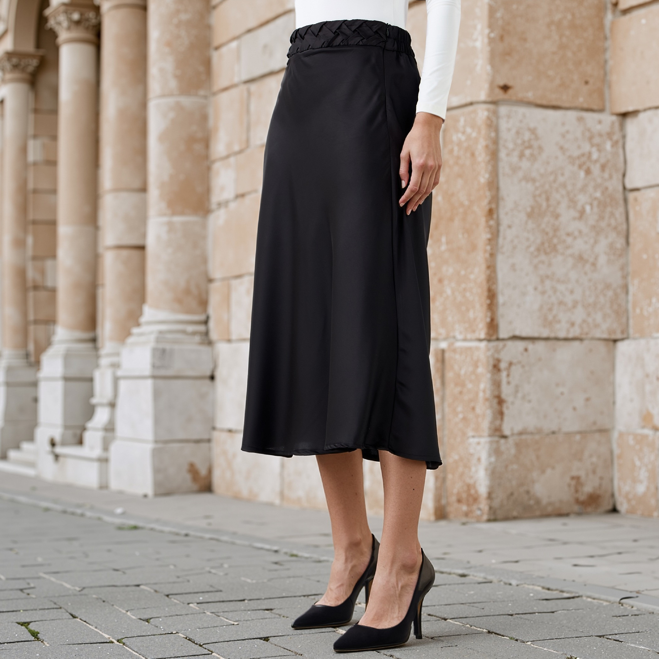 Buy Satin Midi Skirt with Braided Waist Detail Online