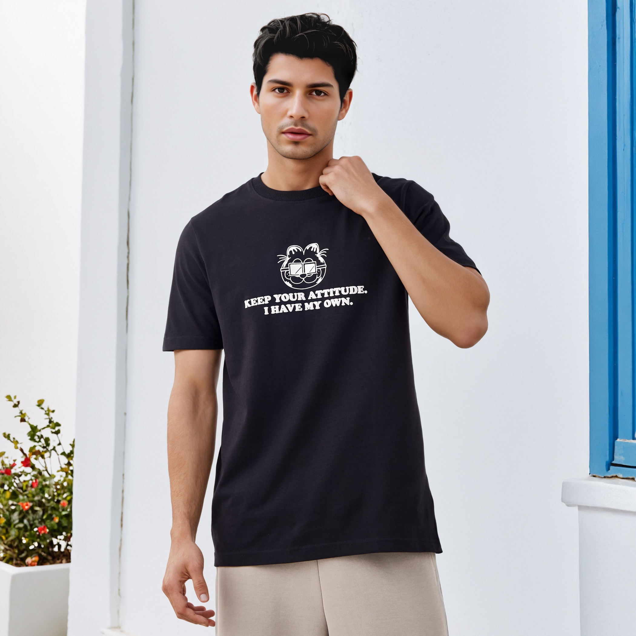 Garfield Print Crew Neck T-shirt with Short Sleeves-men-clothing-tshirtsandpolos-tshirts-image-1