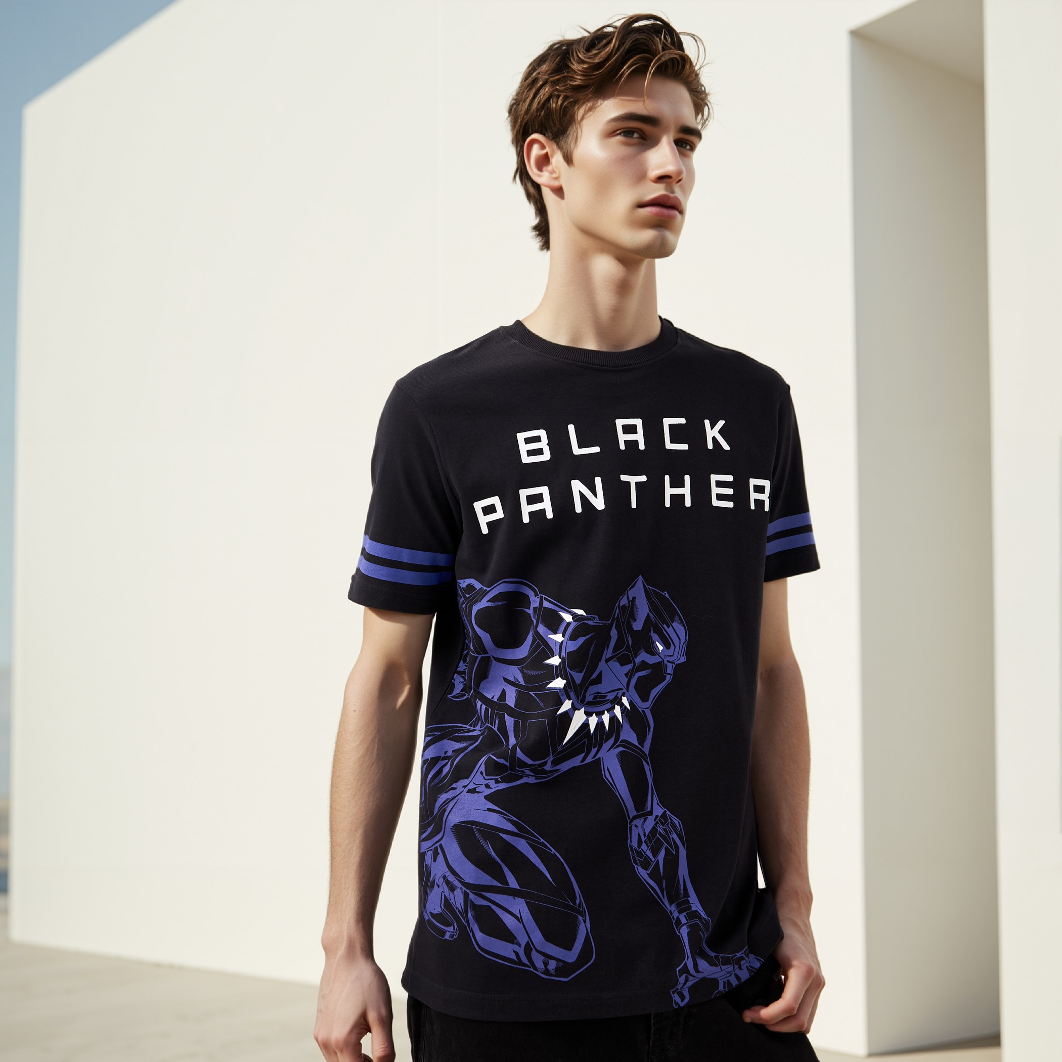 Black Panther Print T-shirt with Crew Neck and Short Sleeves-men-clothing-tshirtsandpolos-tshirts-image-1