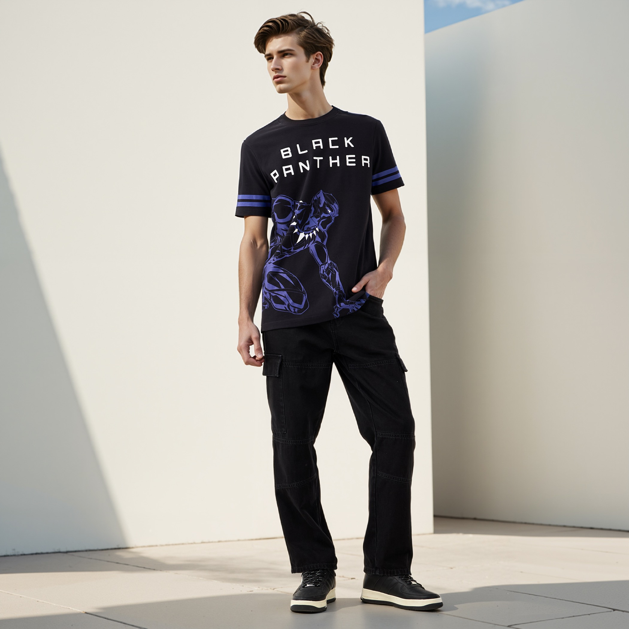 Black Panther Print T-shirt with Crew Neck and Short Sleeves-men-clothing-tshirtsandpolos-tshirts-image-2
