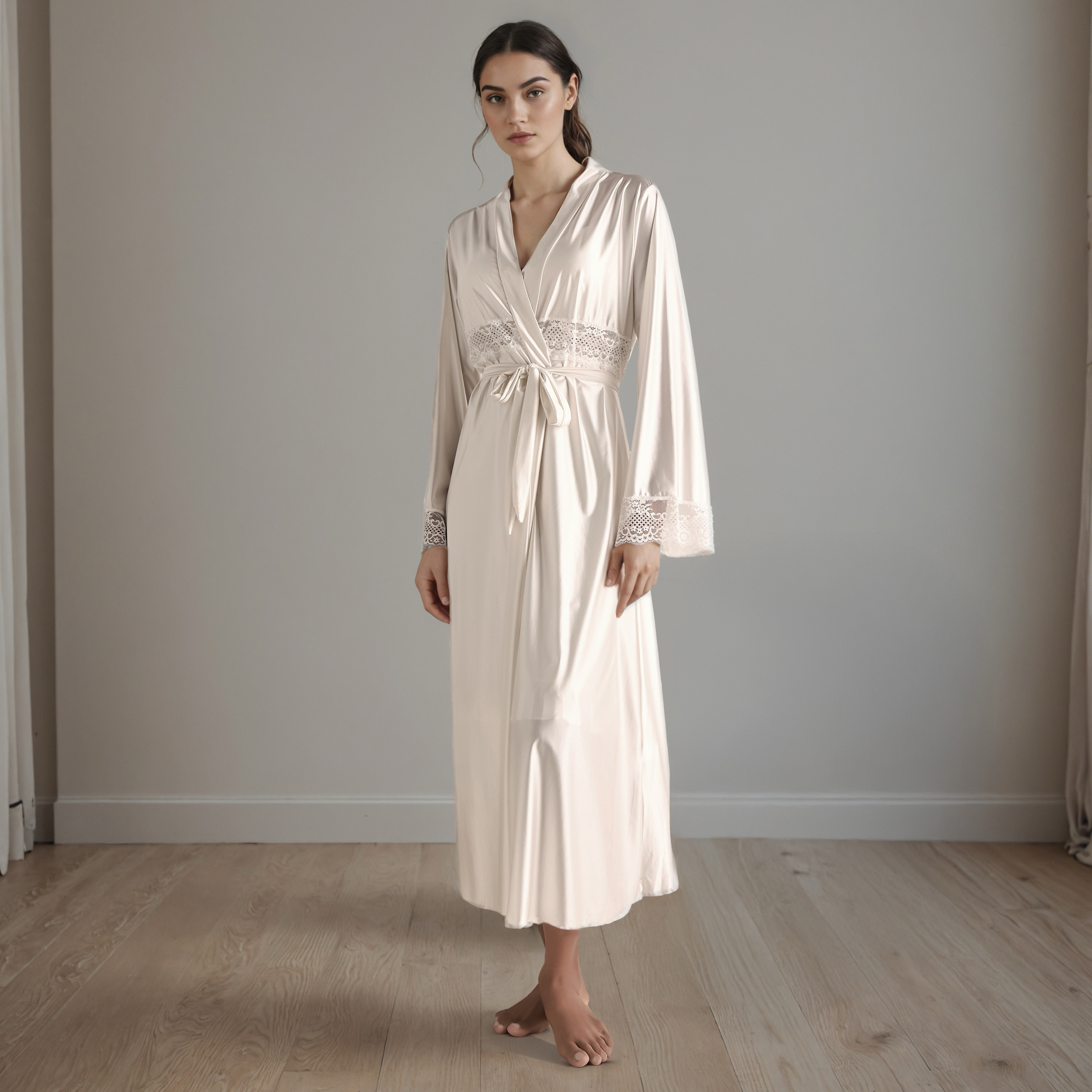 Lace Panel Asymmetric Bridal Night Gown with Robe-women-clothing-nightwear-robes-image-1
