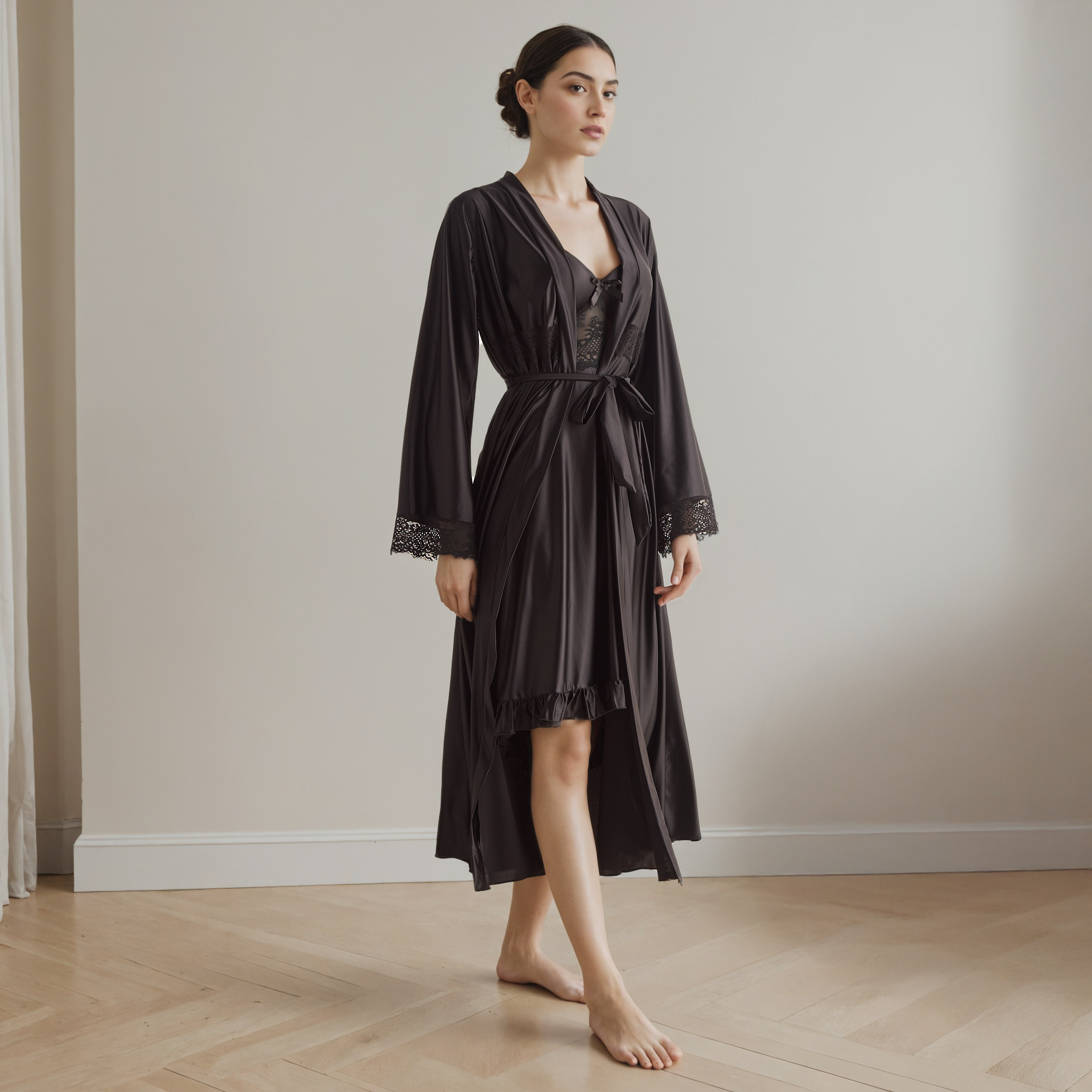 Lace Panel Asymmetric Bridal Night Gown with Robe-women-clothing-nightwear-robes-image-1
