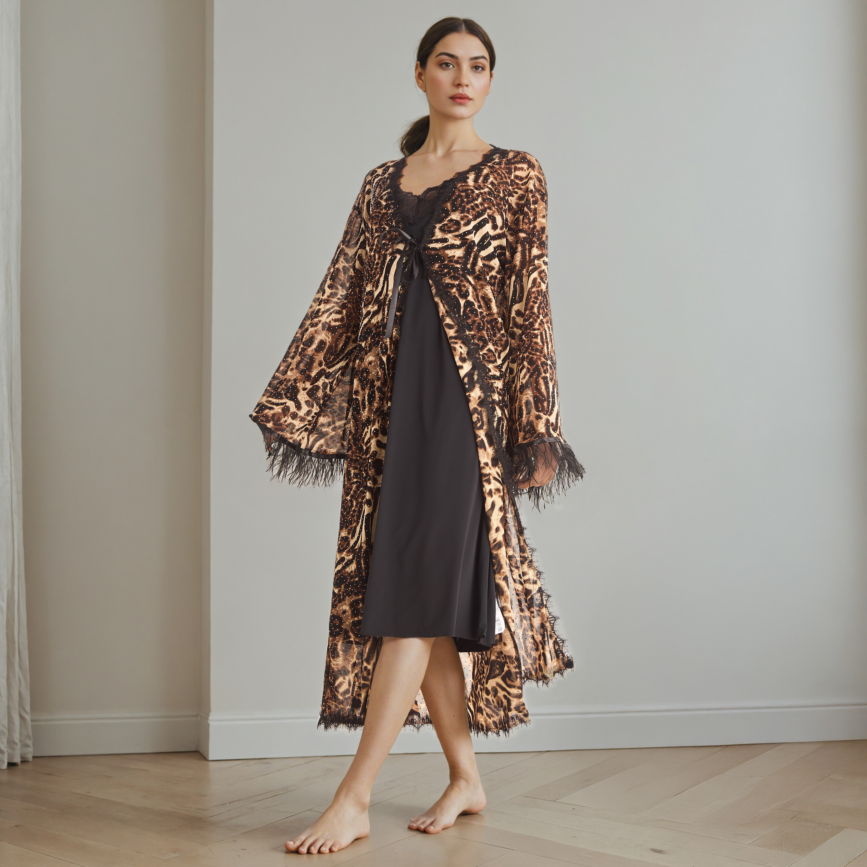 Lace Panel Night Gown with Robe and Thongs-women-clothing-nightwear-robes-image-1