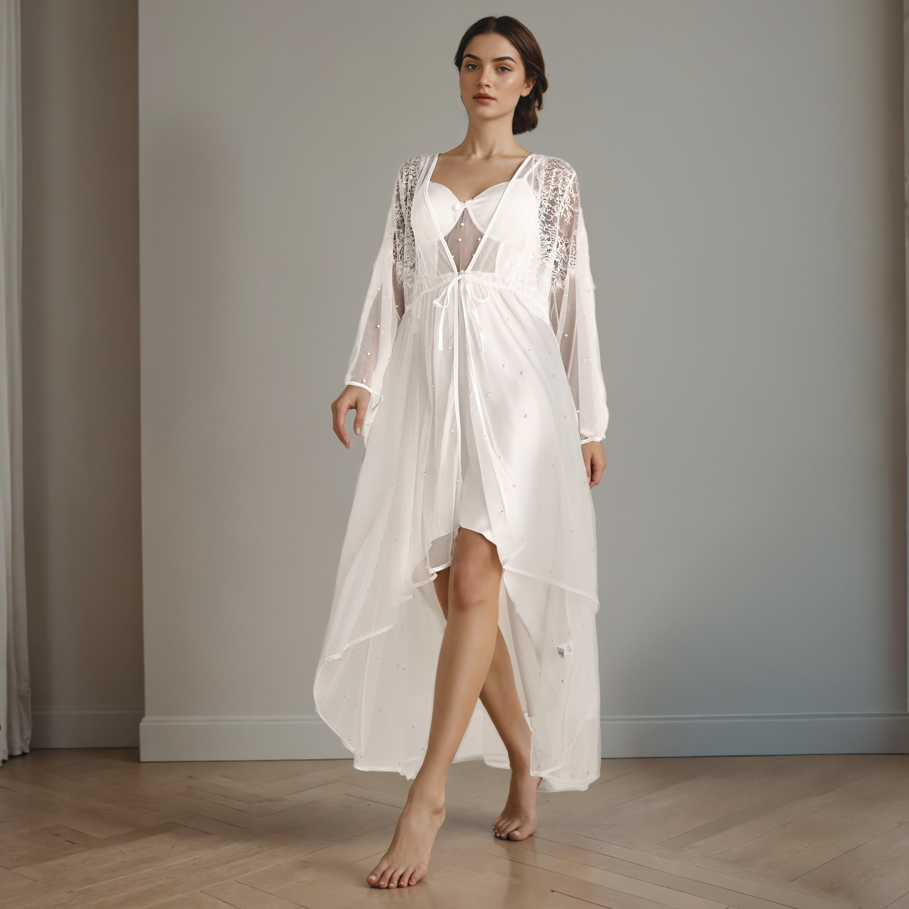 Asymmetric Night Gown with Floral Lace Robe-women-clothing-nightwear-robes-image-1