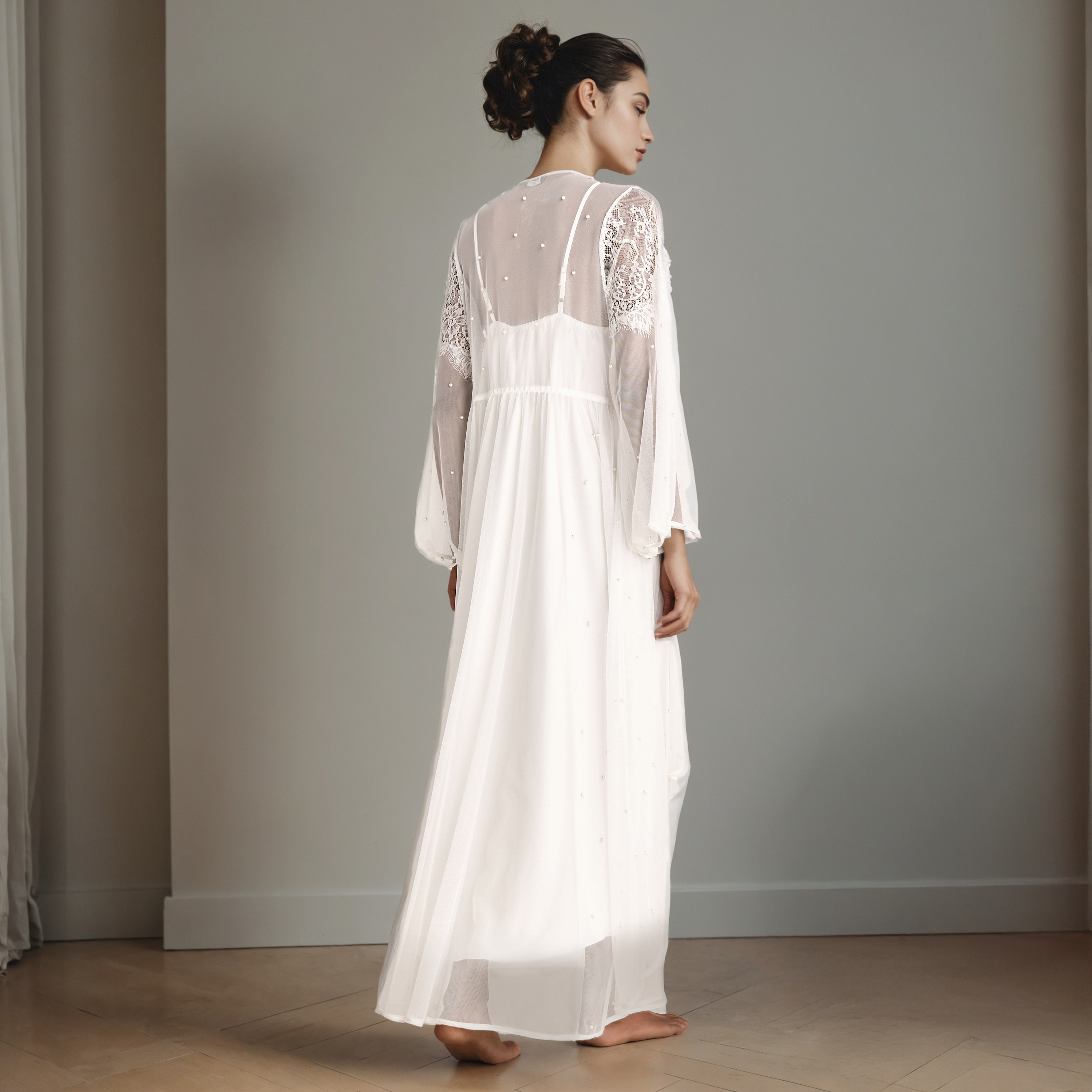 Asymmetric Night Gown with Floral Lace Robe-women-clothing-nightwear-robes-image-3