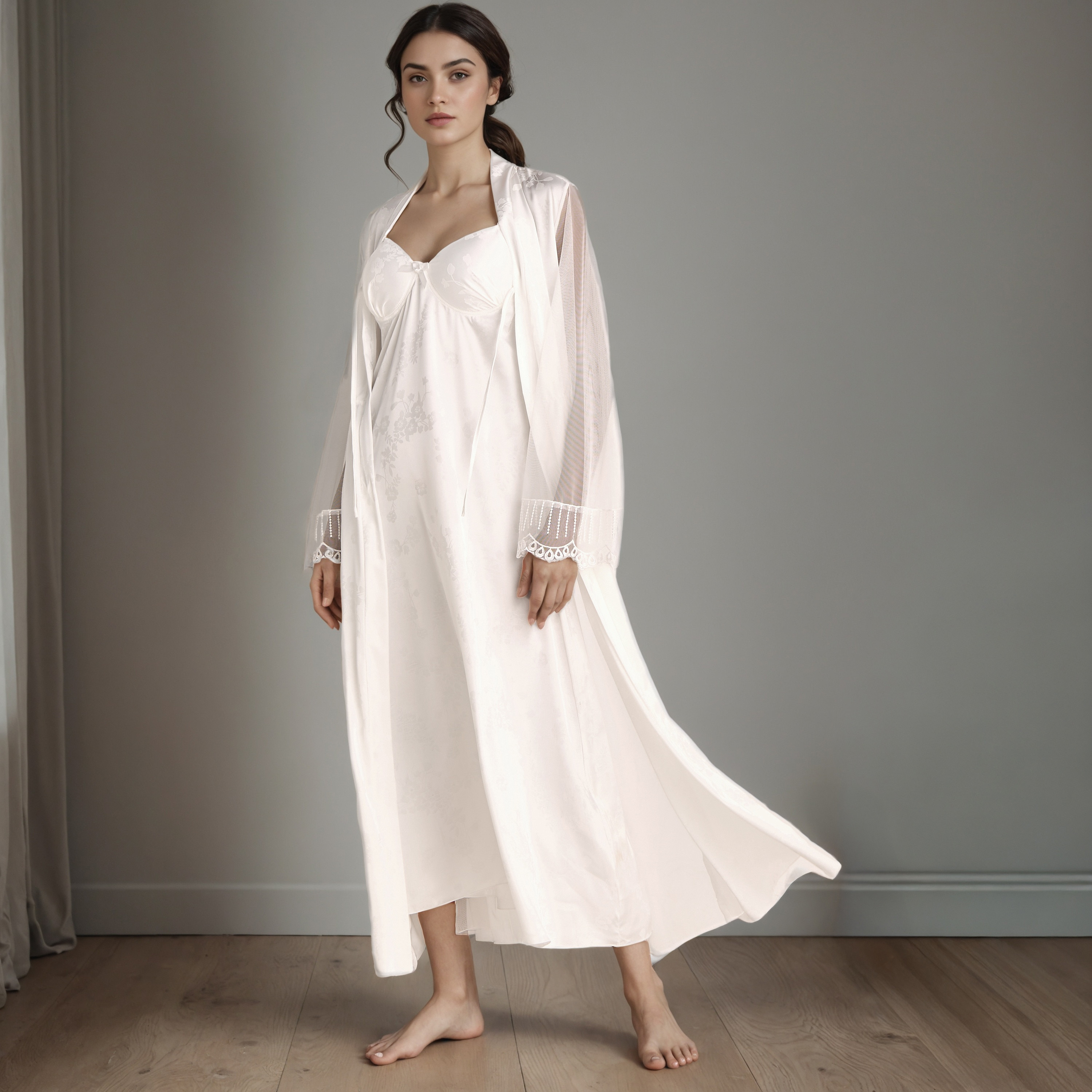 قميص نوم للعرائس بقصة دانتيل مع روب بحزام-women-clothing-nightwear-robes-image-1