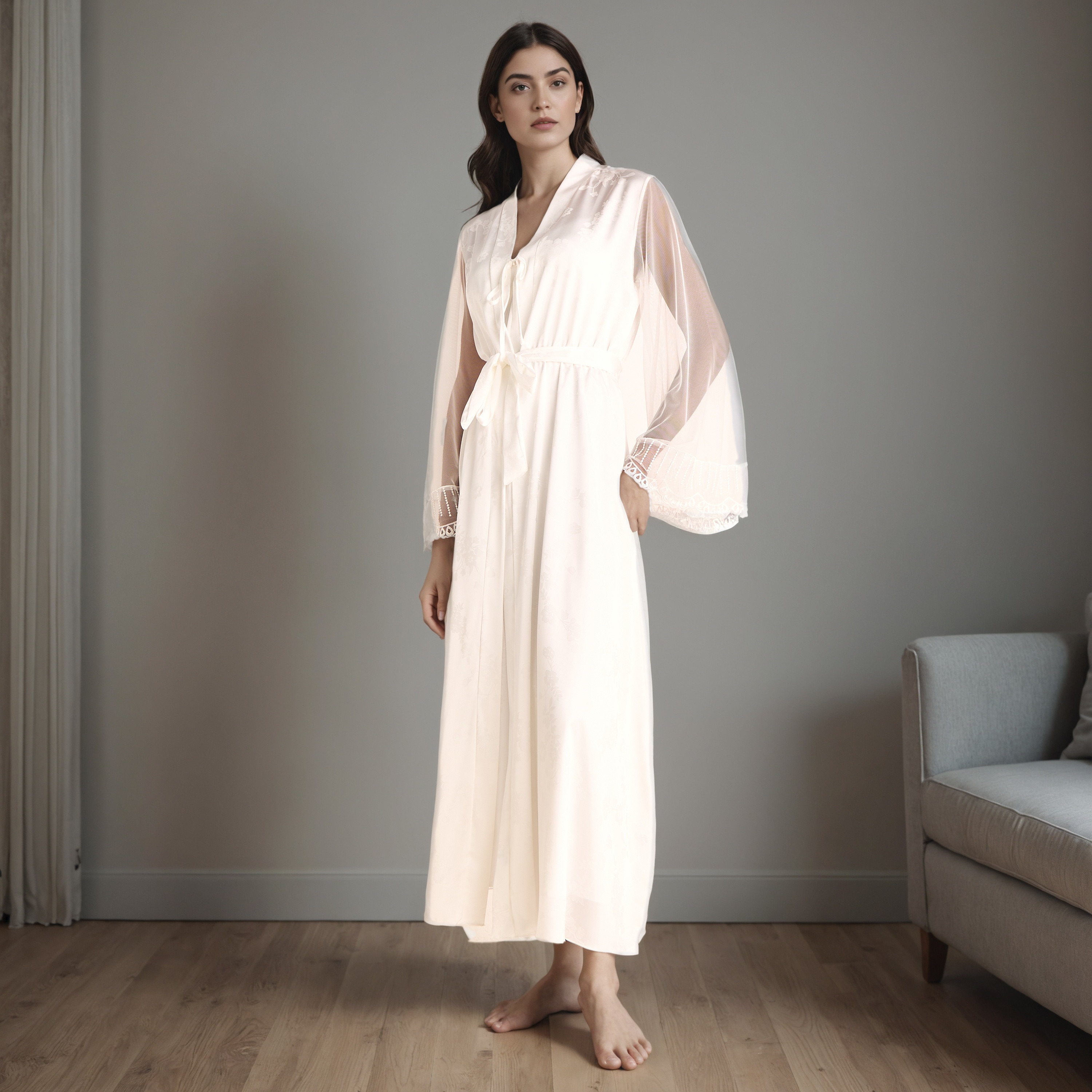 قميص نوم للعرائس بقصة دانتيل مع روب بحزام-women-clothing-nightwear-robes-image-6