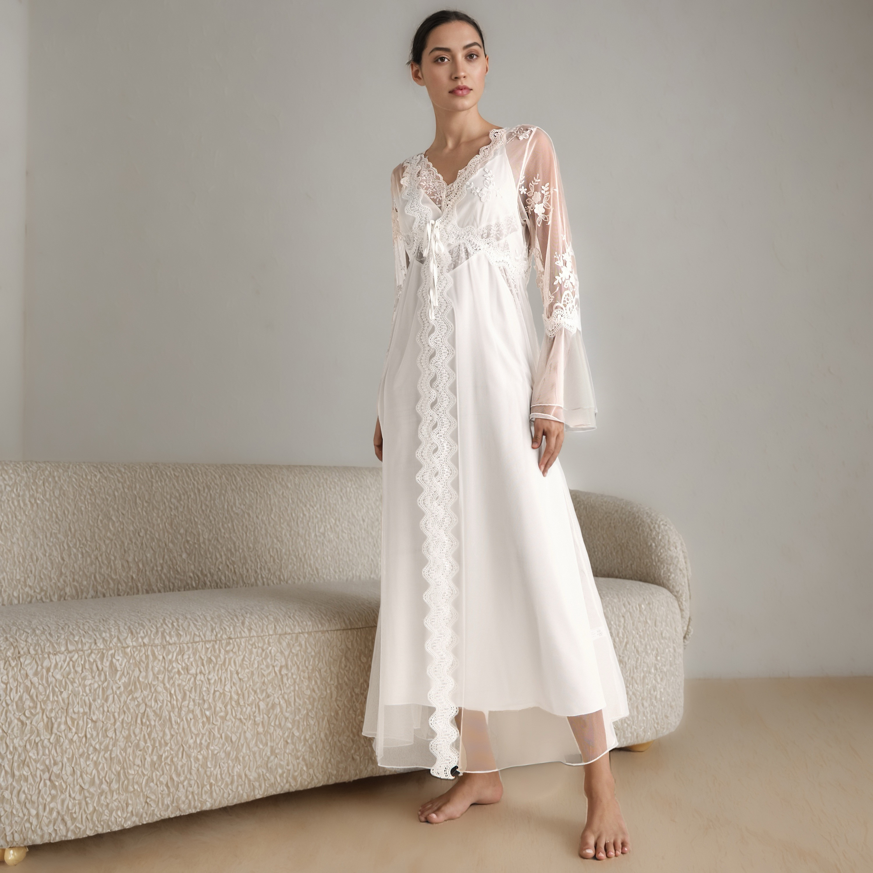 Lace Trim Bridal Night Gown with Robe-women-clothing-nightwear-robes-image-1