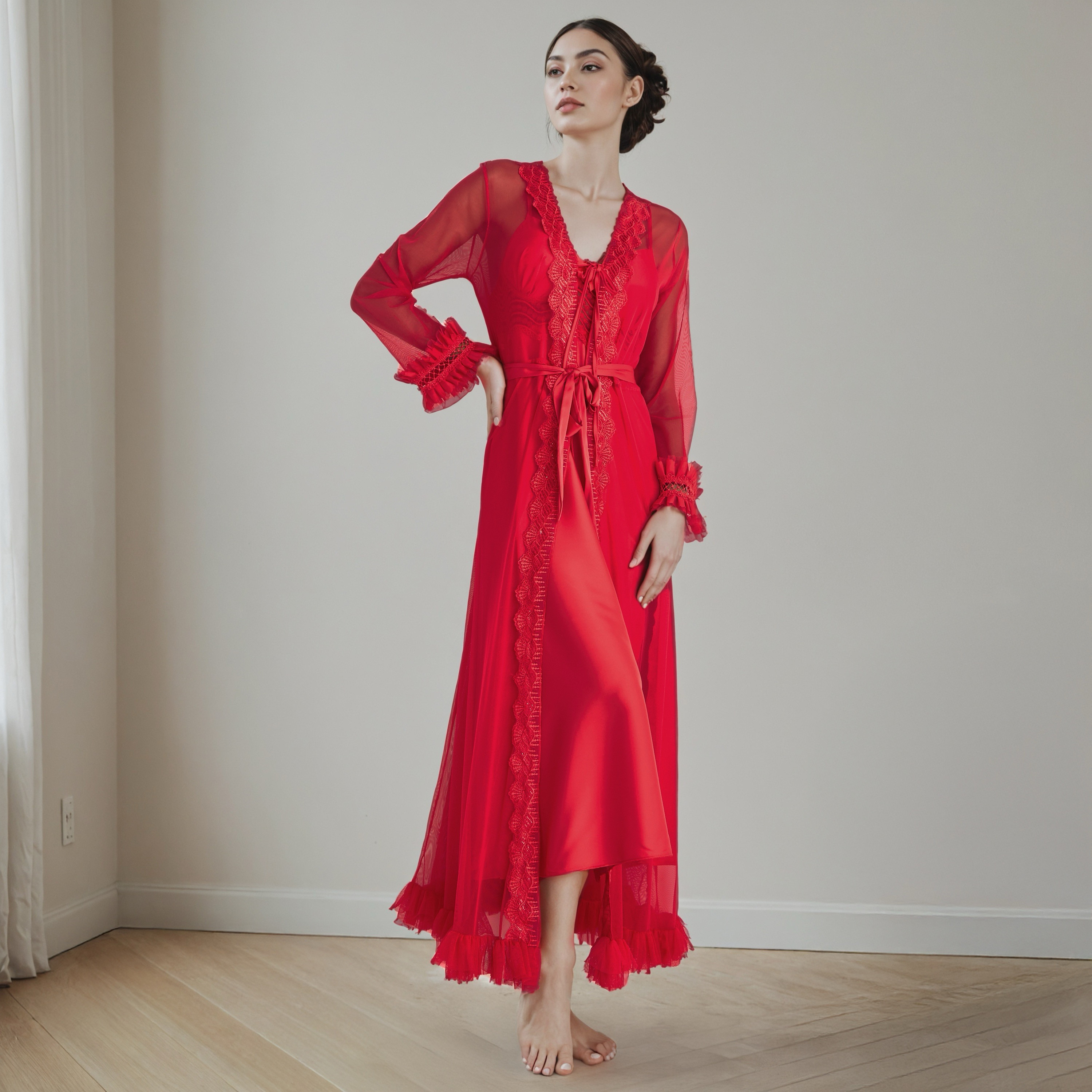 Lace Trim Bridal Night Gown with Belted Robe-women-clothing-nightwear-robes-image-1