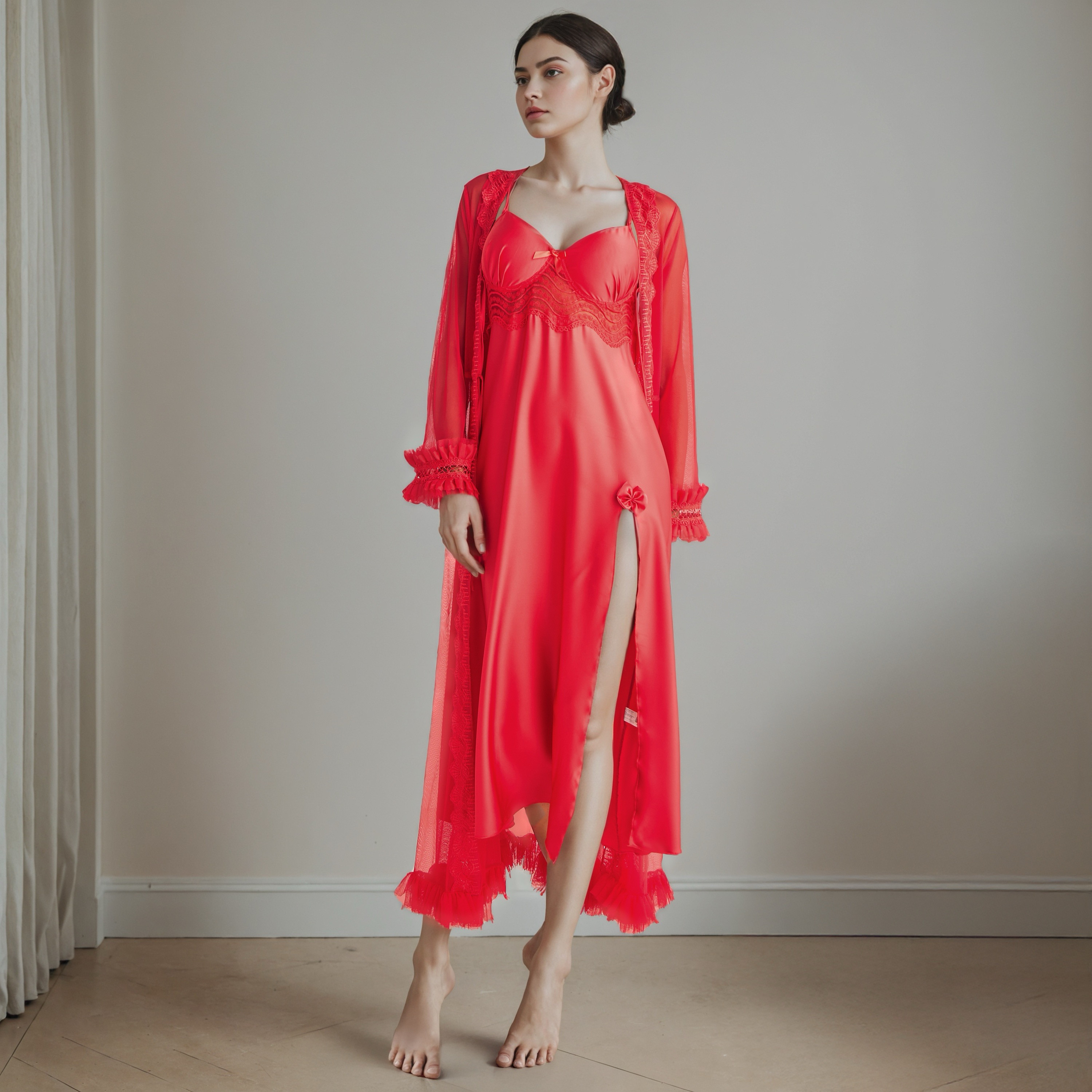 Lace Trim Bridal Night Gown with Belted Robe-women-clothing-nightwear-robes-image-7