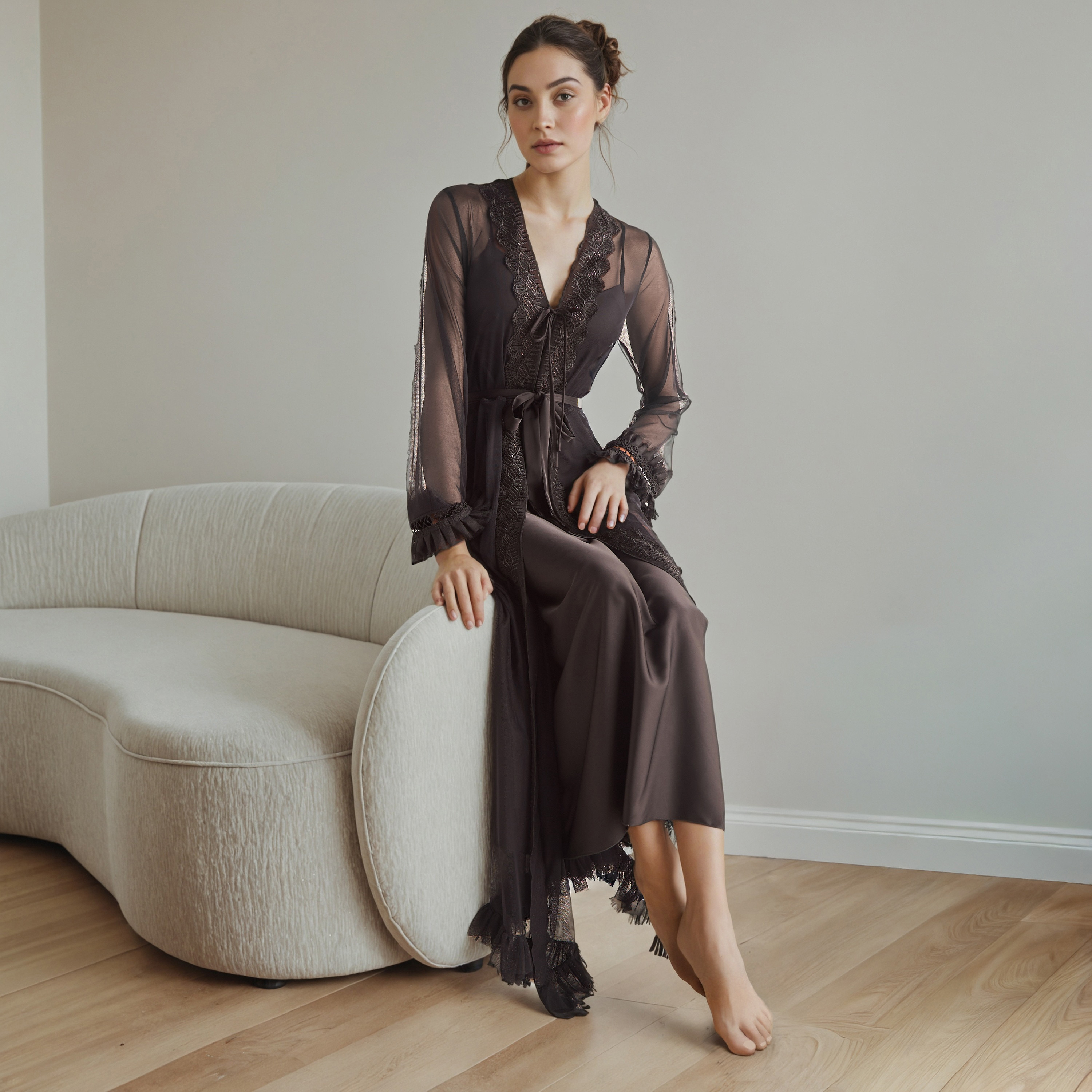 Lace Trim Bridal Night Gown with Belted Robe-women-clothing-nightwear-robes-image-1