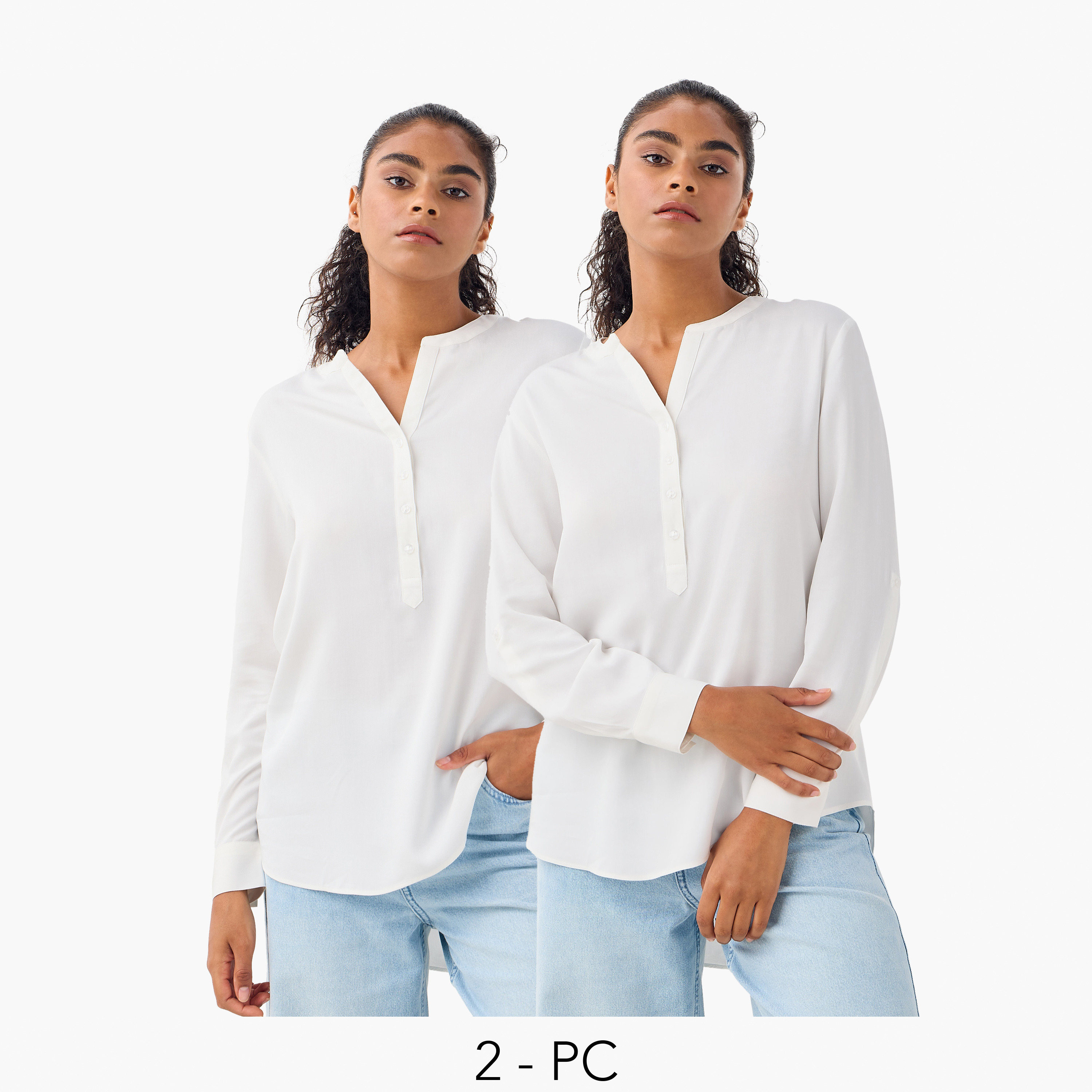 بلوزة بياقة ماندارين وأكمام طويلة وحوّاف غير متساوية من سبلاش بيزيكس - طقم من قطعتين-women-clothing-shirtsandblouses-blouses-image-1