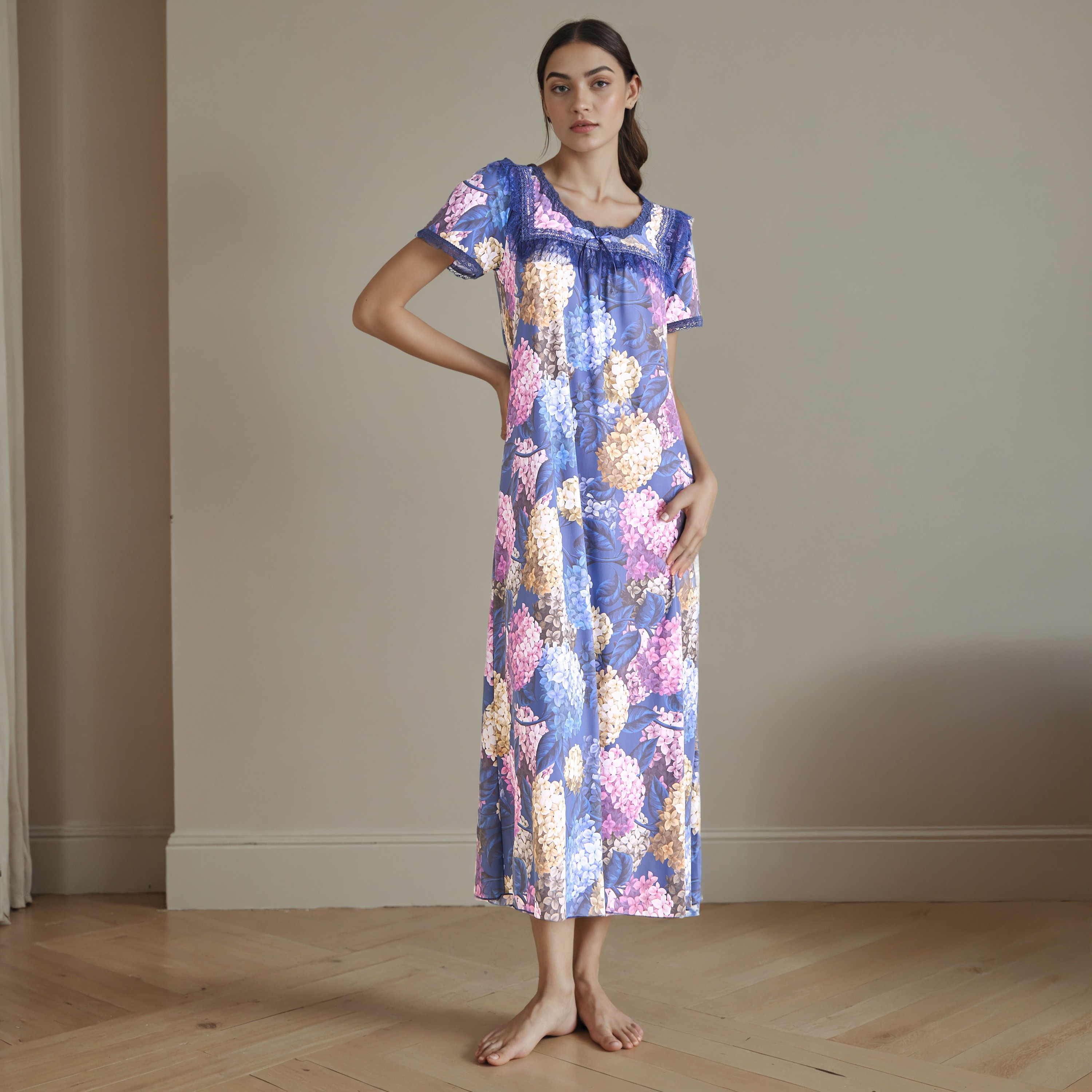 Floral Print Night Gown with Thongs-women-clothing-nightwear-robes-image-1