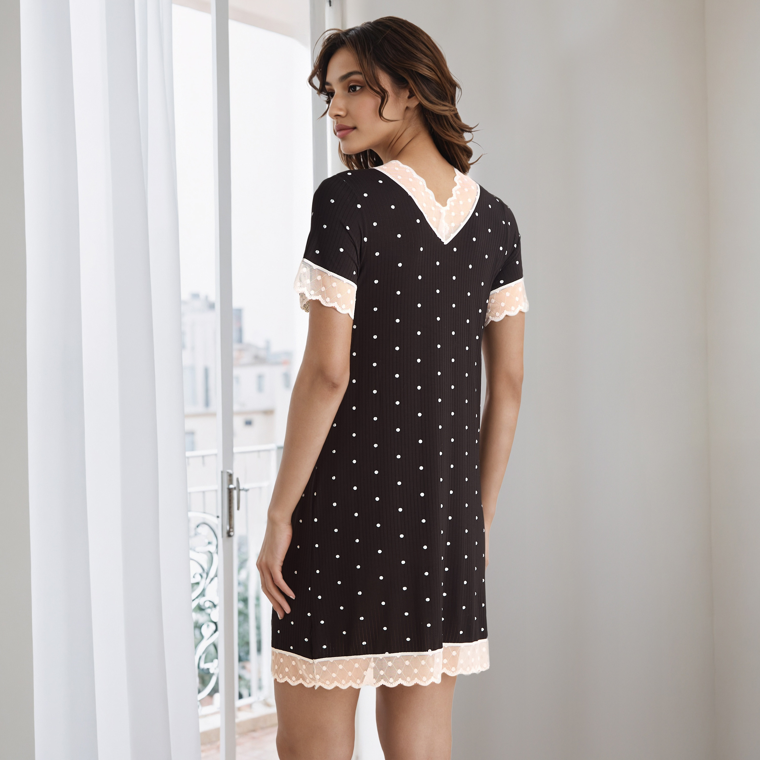 Polka Dot Lace Trim Night Dress-women-clothing-nightwear-robes-image-2