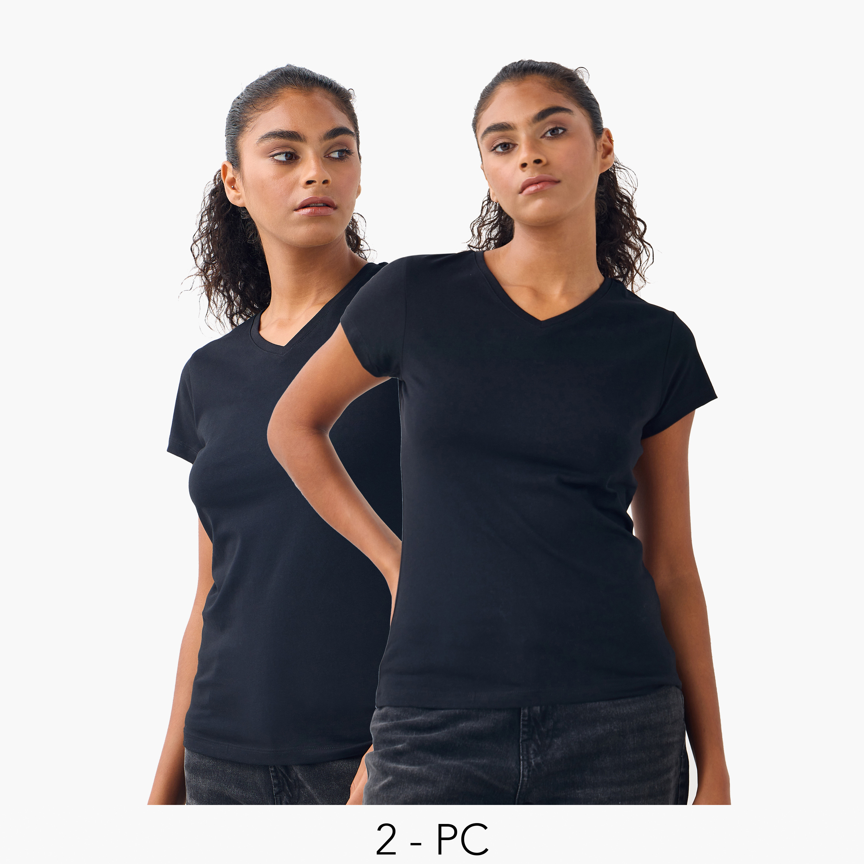 تيشيرت بياقة V وأكمام قصيرة - طقم من 2-women-clothing-tshirts-image-1
