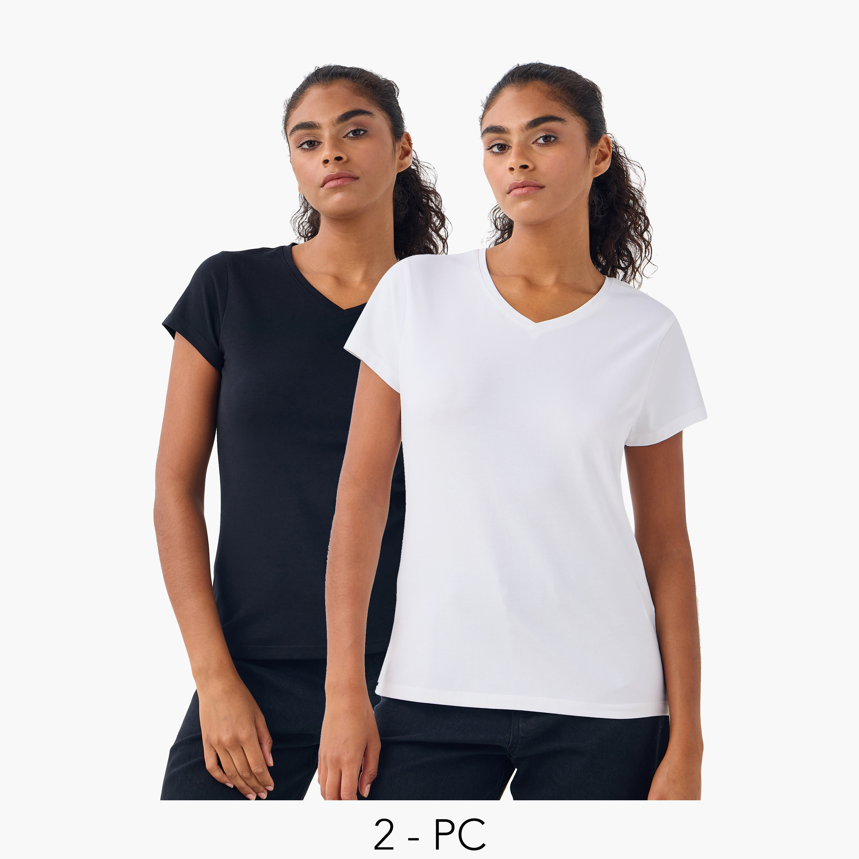 تيشيرت بياقة V وأكمام قصيرة - طقم من 2-women-clothing-tshirts-image-1