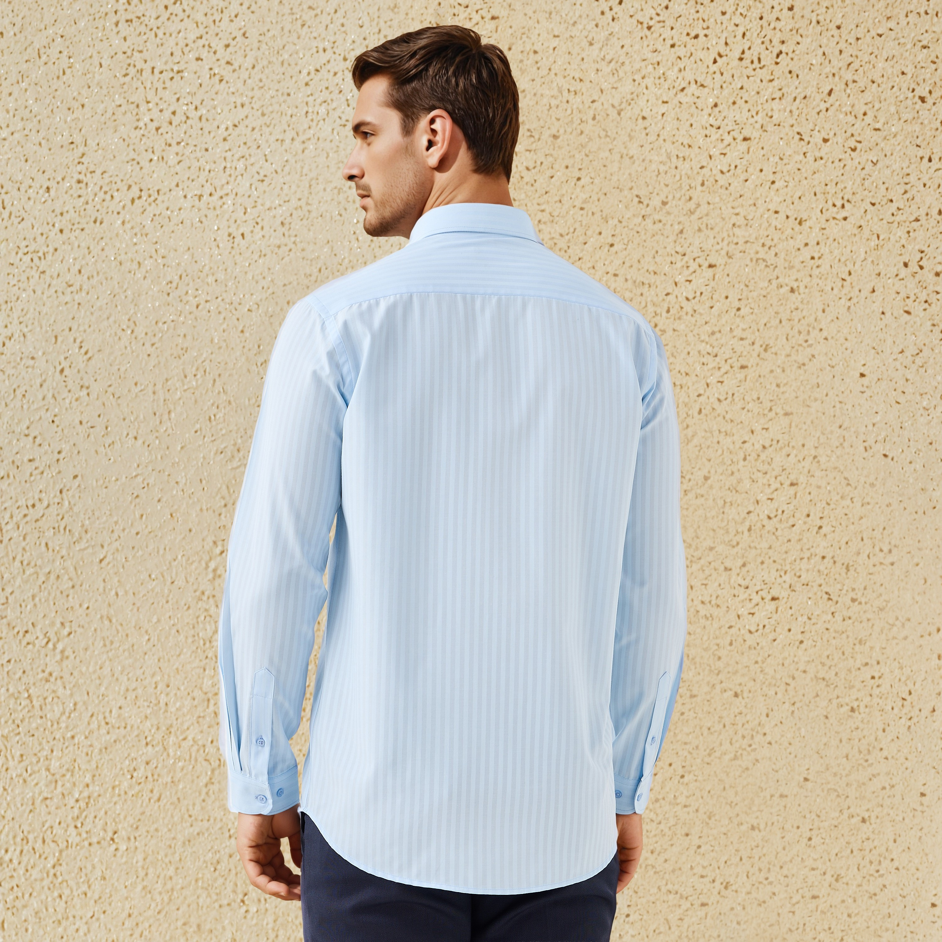 Regular Fit Striped Collared Dobby Shirt with Long Sleeves-men-clothing-shirts-image-3