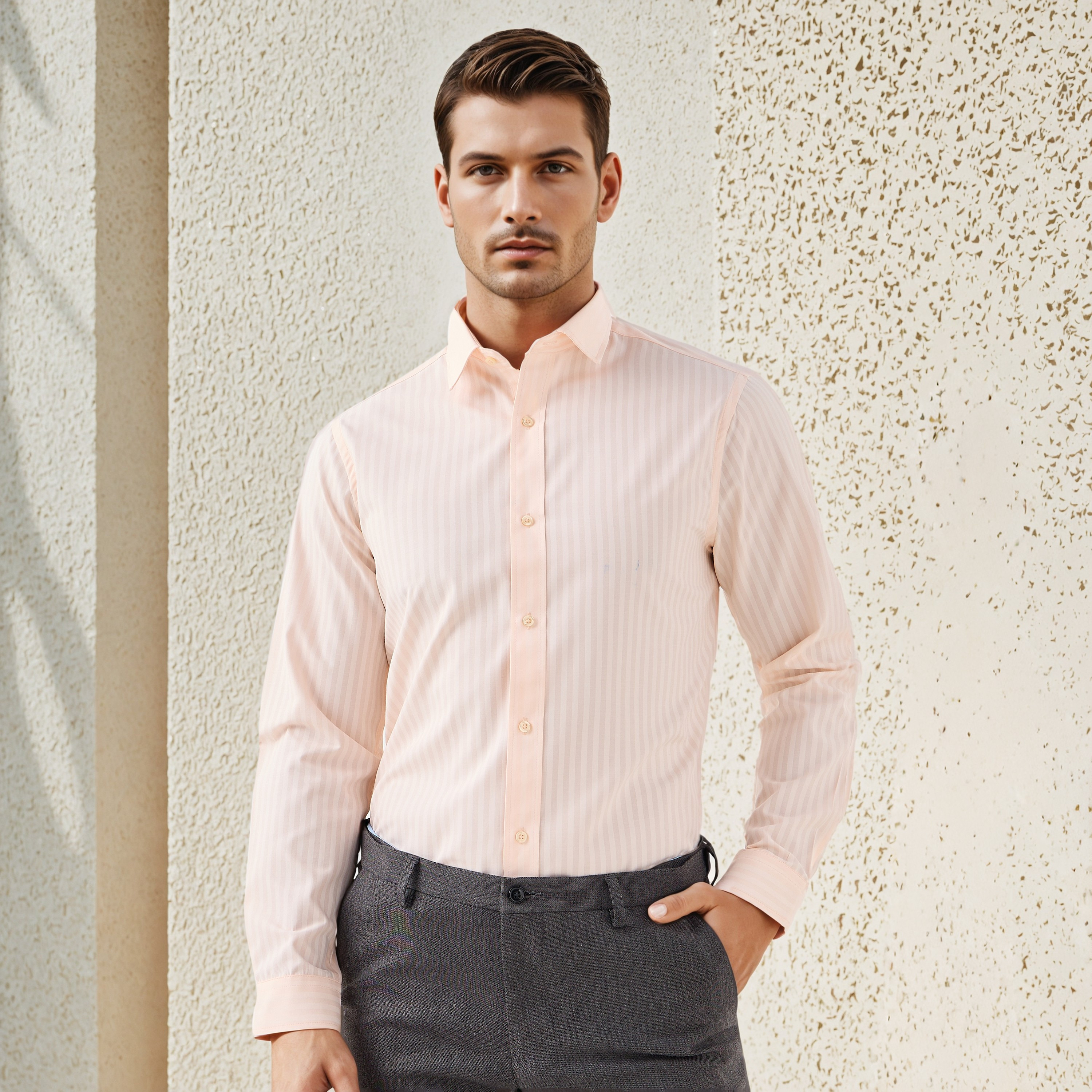 Regular Fit Striped Collared Dobby Shirt with Long Sleeves-men-clothing-shirts-image-1
