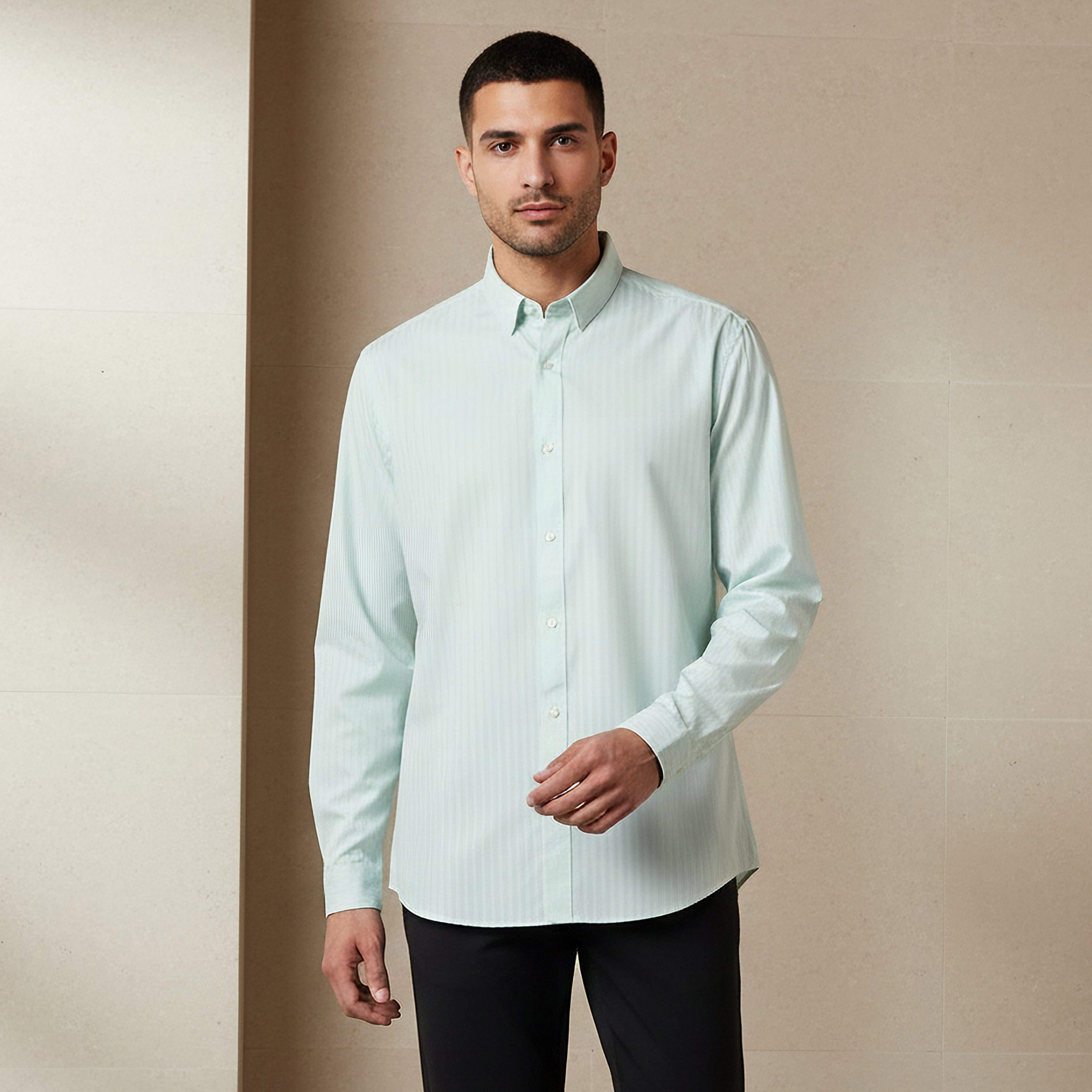 Regular Fit Striped Collared Dobby Shirt with Long Sleeves-men-clothing-shirts-image-1