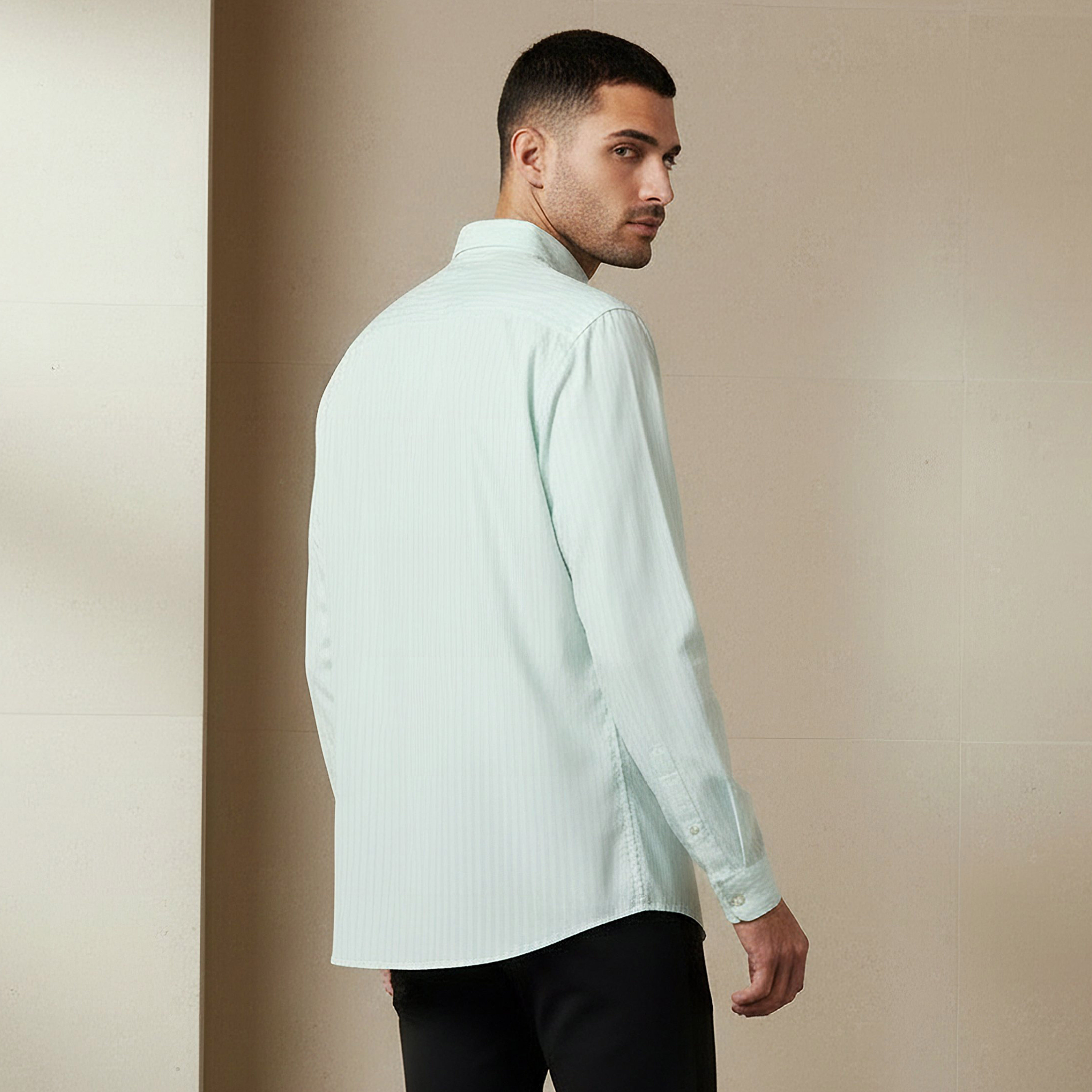 Regular Fit Striped Collared Dobby Shirt with Long Sleeves-men-clothing-shirts-image-3